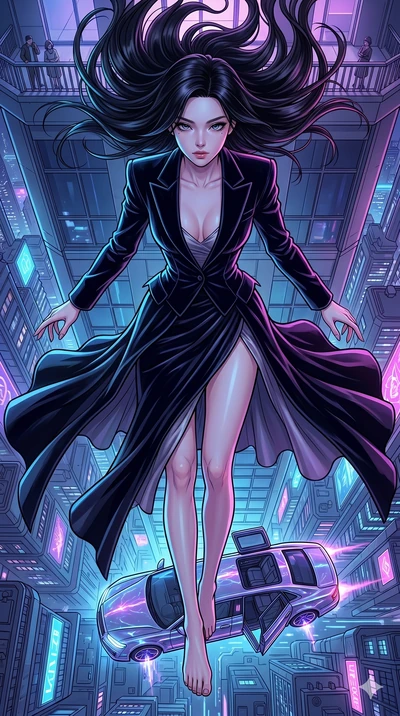 score_9, masterpiece, best quality, ultra-detailed, high-budget anime movie keyframe, cinematic anime lighting, intricate line art, Korean woman. Extreme high angle shot as she leaps towards the camera, filling the frame. leaping from a high-rise bal