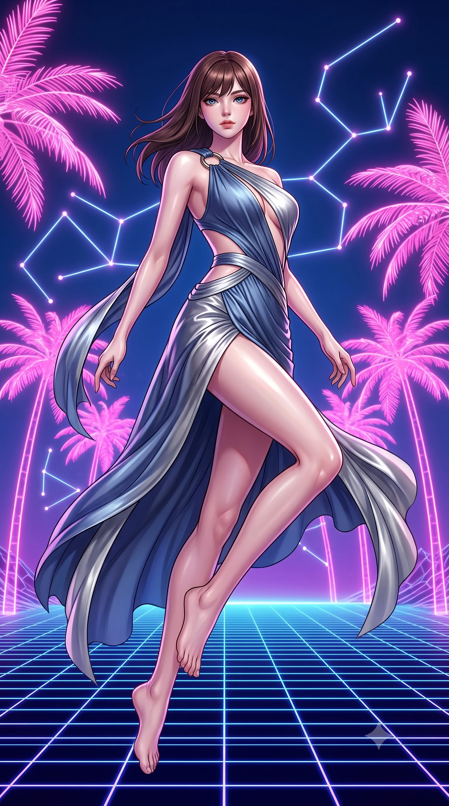 score_9, masterpiece, best quality, ultra-detailed, high-budget anime keyframe, editorial fashion photography, tasteful artistic composition, Korean woman. low angle full-body shot from head to toe showing her feet, filling the entire 9:16 vertical frame with her statuesque presence, stretching her vertical silhouette. pivoting dynamically in zero-gravity with fluid body alignment, displaying her perfect model proportions while leaping across a synthwave grid floor surrounded by lo-fi pink neon palm trees, glowing neon constellation lines floating in the air with vintage elegancy. She has an absolutely perfect, statuesque 8.5-heads proportion, an exceptionally tall and slender model-like female figure with impossibly long slender legs and an ultra-slim waist. sharp v-shaped jawline, high-bridge nose, intricate jewel-like eyes with depth, thick eyelashes, glossy lips with a natural sheen, flawlessly proportioned anatomical accuracy, natural body alignment, perfectly sculpted elegant limbs, clean dynamic posture without body distortion. wearing an asymmetrical Grecian draped chiffon gown with a metallic shoulder ring in slate blue and metallic silver, crafted from smooth liquid silk, featuring clean architectural cutouts along her slender torso, the sleek second-skin texture accentuating her magnetic presence. illuminated by retro lo-fi backlighting and brilliant liquid speculars. highly saturated vibrant anime colors, detailed shading with soft gradients, rich glossy textures, high-contrast stereoscopic depth, volumetric dynamic lighting, master piece, 9:16 ratio