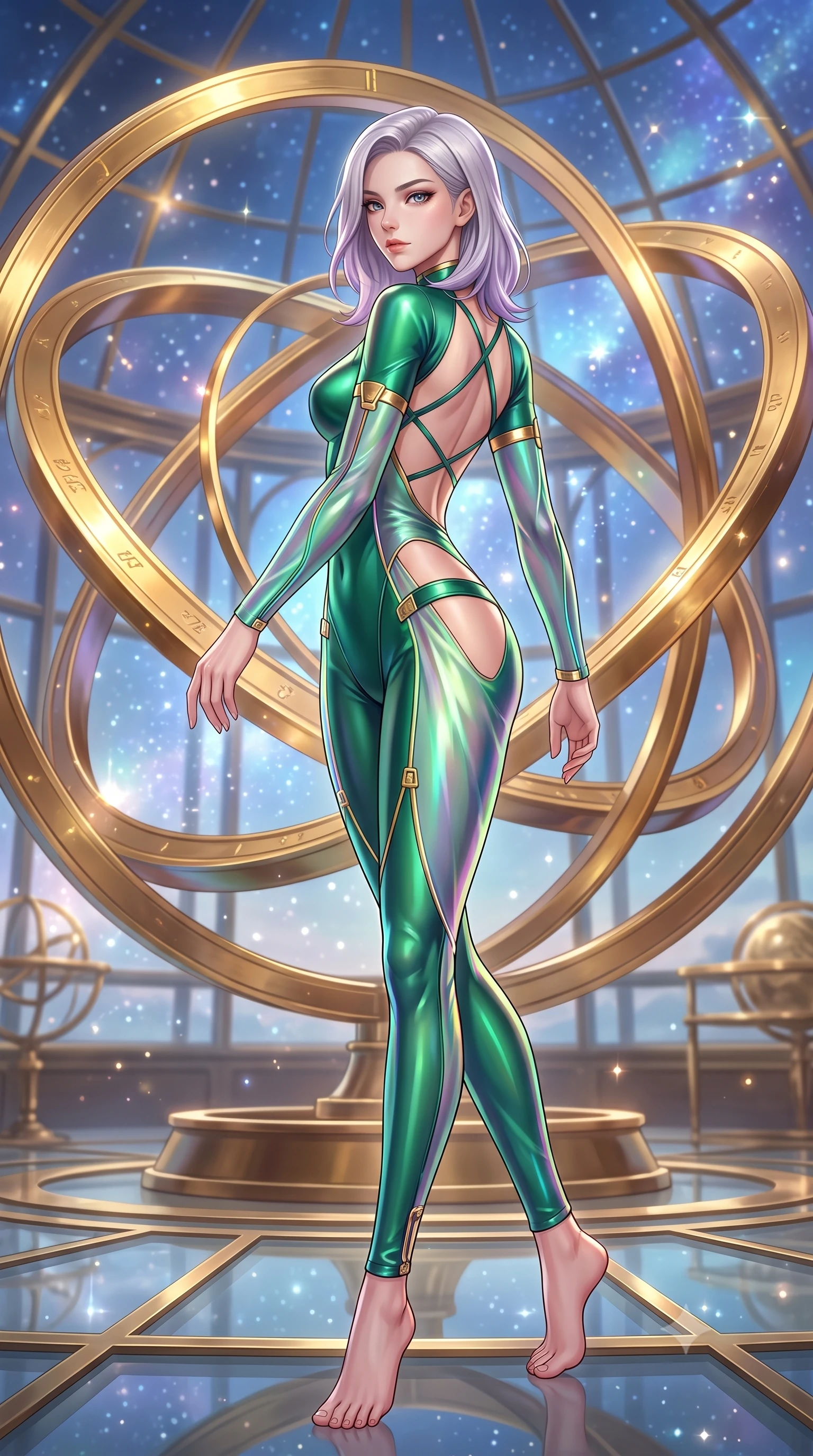 score_9, masterpiece, best quality, ultra-detailed, high-budget anime keyframe, semi-realistic 3D game render, editorial fashion photography, tasteful artistic composition, Caucasian woman. low angle full-body shot from head to toe showing her feet, filling the entire 9:16 vertical frame with her statuesque presence, stretching her vertical silhouette. pivoting dynamically in mid-motion with a breathtakingly alluring posture, displaying her flawless model proportions and ultra-slim waist while standing gracefully in the center of a grand glass observatory as giant interlocking golden astrolabe rings rotate around her. The composition keeps background elements in soft focus with creamy bokeh. sparkling holographic stardust scattering soft glowing light across a celestial backdrop. She has an absolutely perfect, statuesque 8.5-heads proportion, an exceptionally tall and slender model-like female figure with impossibly long slender legs, a toned flat midriff, and an ultra-slim waist. sharp v-shaped jawline, high-bridge nose, intricate jewel-like eyes with depth, thick eyelashes, glossy lips with a natural sheen, flawlessly proportioned anatomical accuracy, strict slender model proportions, natural body alignment, perfectly sculpted long slender limbs, ultra-slim waistline, clean dynamic posture without body distortion. wearing a skin-tight cybernetic bodysuit with glowing neon seams, deep hip cutouts, and an aerodynamic athletic fit in bright emerald green satin and gold hardware, made of smooth iridescent silk chiffon that shifts colors with movement, complemented by criss-cross back straps highlighting her completely bare spine, the sleek second-skin cut tightly hugging her graceful clavicle, narrow waist, and feminine curves with athletic precision. bathed in warm golden brass reflections and radiant sapphire starlight ambient fill. highly saturated vibrant anime colors, detailed shading with soft gradients, rich glossy textures, high-contrast stereoscopic depth, volumetric dynamic lighting, master piece, 9:16 ratio