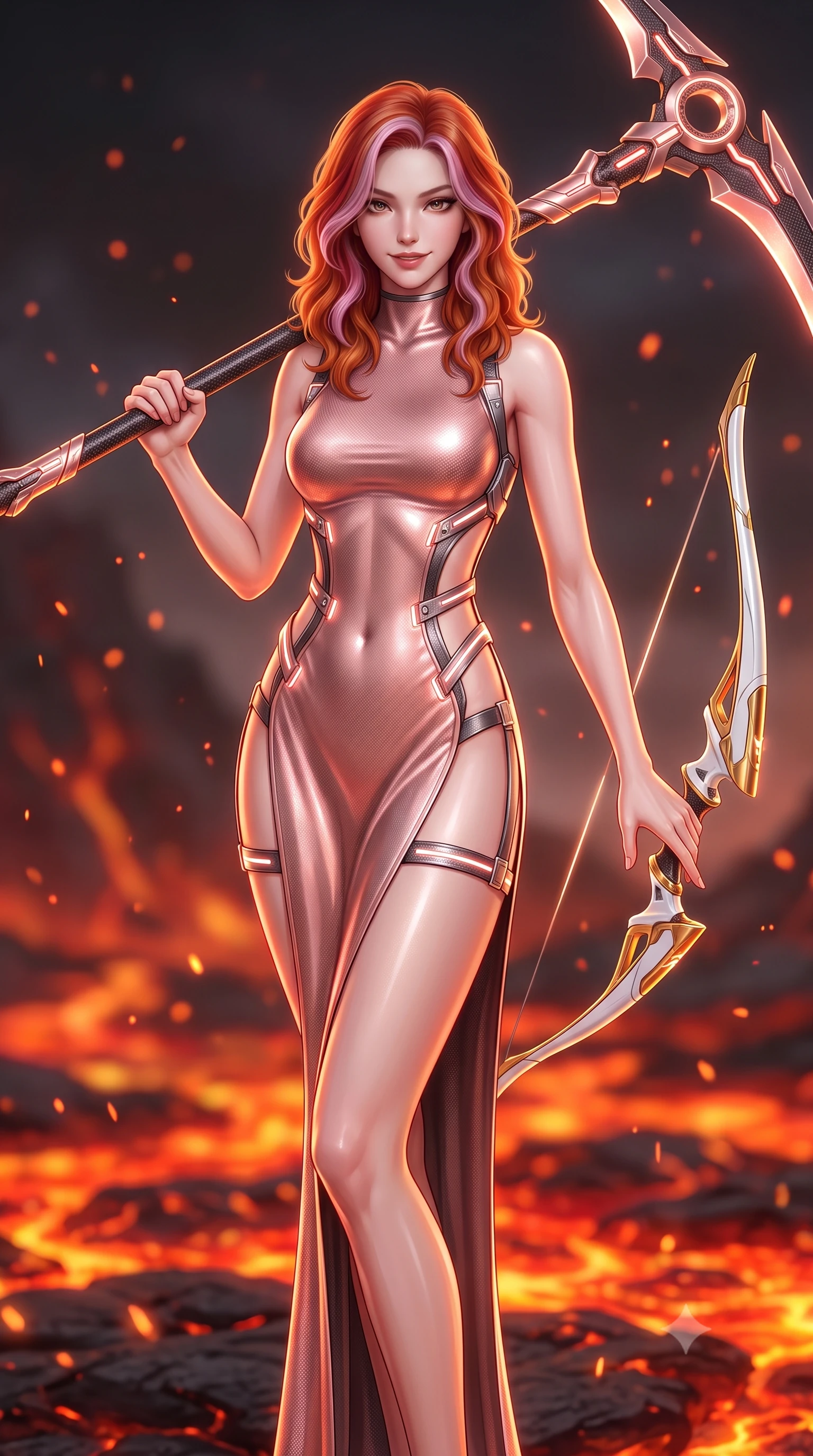 score_9, masterpiece, best quality, ultra-detailed, high-budget anime keyframe, semi-realistic 3D game render, editorial fashion photography, tasteful artistic composition, Caucasian woman. close-up cowboy shot from the waist and thighs up, the character dominates the composition, filling the frame with her large presence. twisting her upper body in a dynamic S-curve combat stance, one hand steadying her weapon with commanding supermodel allure while resting the long scythe haft against her shoulder with an alluring, dangerous smile looking directly into the camera. The composition keeps background elements in soft focus with creamy bokeh. bubbling molten lava rivers and drifting volcanic embers blurred into fiery orange, crimson, and charcoal bokeh. She has an exceptionally elegant, slender, and willowy female figure with an ultra-slim waist, a gracefully sculpted slender torso, toned flat midriff, and a refined slim silhouette. sharp v-shaped jawline, high-bridge nose, intricate jewel-like eyes with depth, thick eyelashes, glossy lips with a natural sheen, flawlessly proportioned anatomical accuracy, strict slender model proportions, natural body alignment, perfectly sculpted long slender limbs, ultra-slim waistline, clean dynamic posture without body distortion. wearing a form-fitting luminous rose-gold carbon combat gown with tactical side slits, wielding a floating magnetic energy bow with celestial poise in arctic white carbon composite with radiant solar gold plating, made of liquid carbon-jersey fabric adhering flawlessly to her sculpted silhouette, reinforced by a sleek titanium tactical harness and glowing micro-energy straps, the glove-like aerodynamic second-skin fit tightly clinging to her ultra-slender waist and athletic curves without adding bulk, accentuating her razor-sharp statuesque lines and slim hourglass silhouette. illuminated by crisp specular highlights tracing her ultra-slim waist, long legs, and flat midriff. rich saturated anime colors with glowing neon highlights, detailed shading with soft gradients, rich glossy textures, high-contrast stereoscopic depth, volumetric dynamic lighting, master piece, 9:16 ratio
