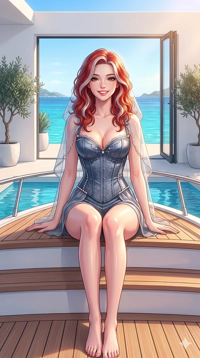 score_9, masterpiece, best quality, ultra-detailed, high-budget anime keyframe, vibrant anime aesthetic, Caucasian woman, strictly human ears. cowboy shot from the thighs up, character and outfit filling the frame for maximum presence. She is sitting