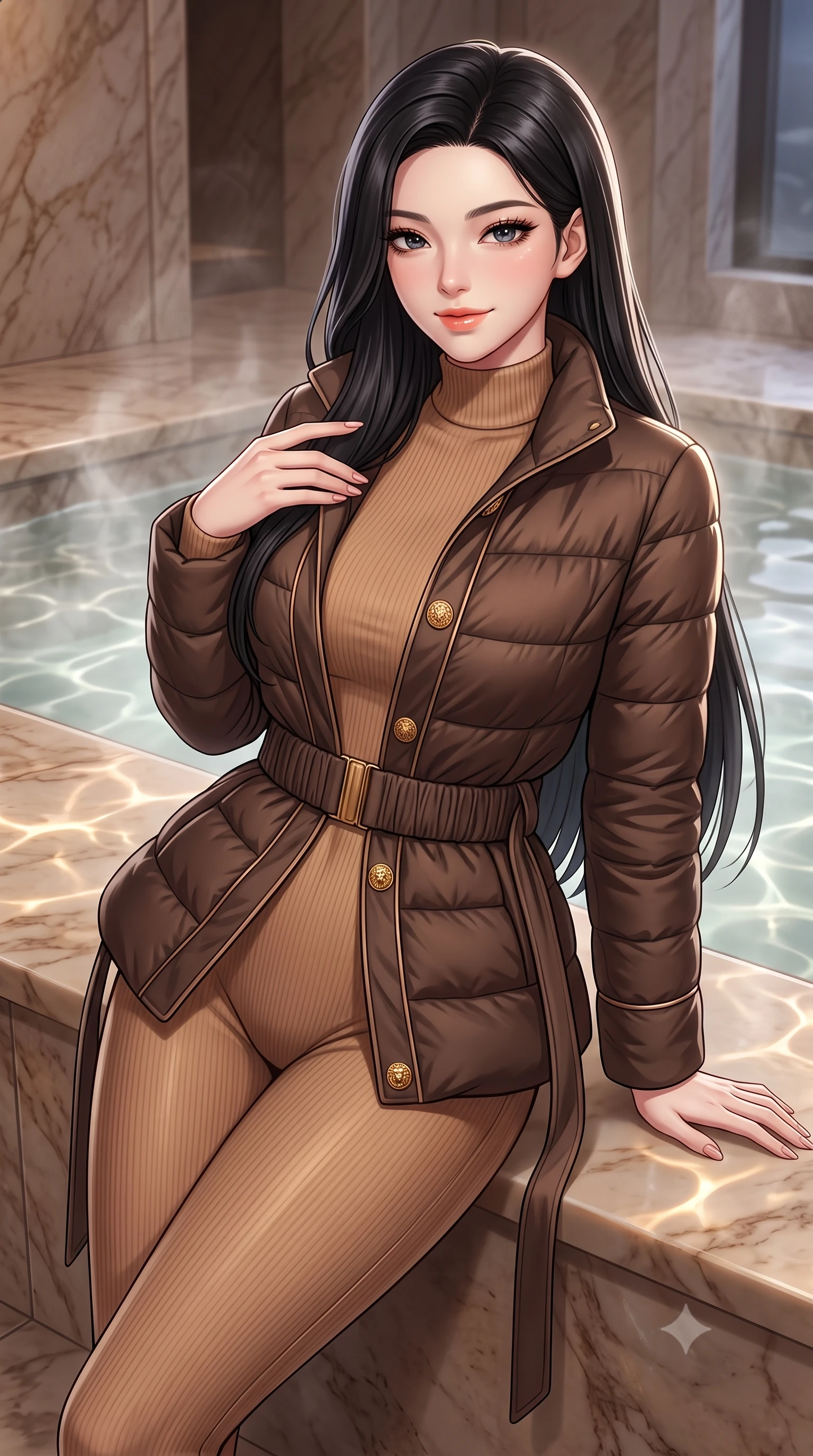 score_9, masterpiece, best quality, ultra-detailed, high-budget anime keyframe, semi-realistic 3D game render, editorial fashion photography, tasteful artistic composition, Korean woman. close-up cowboy shot from the waist and thighs up, the character dominates the composition, filling the frame with her large presence. tilting her chin up with a teasing half-smile, running one manicured hand lightly along her lapel with effortless magnetic allure while leaning against a smooth heated marble bench, resting one hand on the warm stone with effortless wellness-model grace. The surrounding environment is rendered in vivid detail and crisp panoramic clarity: detailed belted cashmere robe coat tailoring, silk piping borders, and master Swiss spa architecture in razor-sharp precision. She has an exceptionally elegant, slender, and willowy female figure with an ultra-slim waist, flat toned midriff, narrow ribcage, and sculpted feminine hips creating an alluring, slim hourglass silhouette without bulk. sharp v-shaped jawline, high-bridge nose, intricate jewel-like sparkling eyes with depth, thick eyelashes, glossy parted lips with a natural peach sheen, bright cheerful beaming smile with an enchanting and coquettish sensual glint, exuding both youthful cute charm and seductive allure, flawlessly proportioned anatomical accuracy, strict slender model proportions, natural body alignment, perfectly sculpted long slender limbs, ultra-slim waistline, clean dynamic posture without body distortion. wearing a tailored quilted down jacket with a deeply cinched elastic belt worn over an ultra-tight thermal rib-knit bodysuit and leggings in Saint-Germain camel wool and warm espresso, woven from fluid liquid silk jersey that clings smoothly to her narrow waist and rounded hips with a dewy sheen, accented with an ornate 24k gold lion-embossed crest button along the snug front closure, the form-contouring silhouette accentuating her sculpted flat midriff, narrow delicate ribcage, and gracefully curvy hips with intoxicating allure. illuminated by thermal pool surface caustics and soft pearlescent rim lights accentuating her sharp jawline and slender hourglass silhouette. highly saturated vibrant anime colors, detailed shading with soft gradients, rich glossy textures, high-contrast stereoscopic depth, volumetric dynamic lighting, master piece, 9:16 ratio