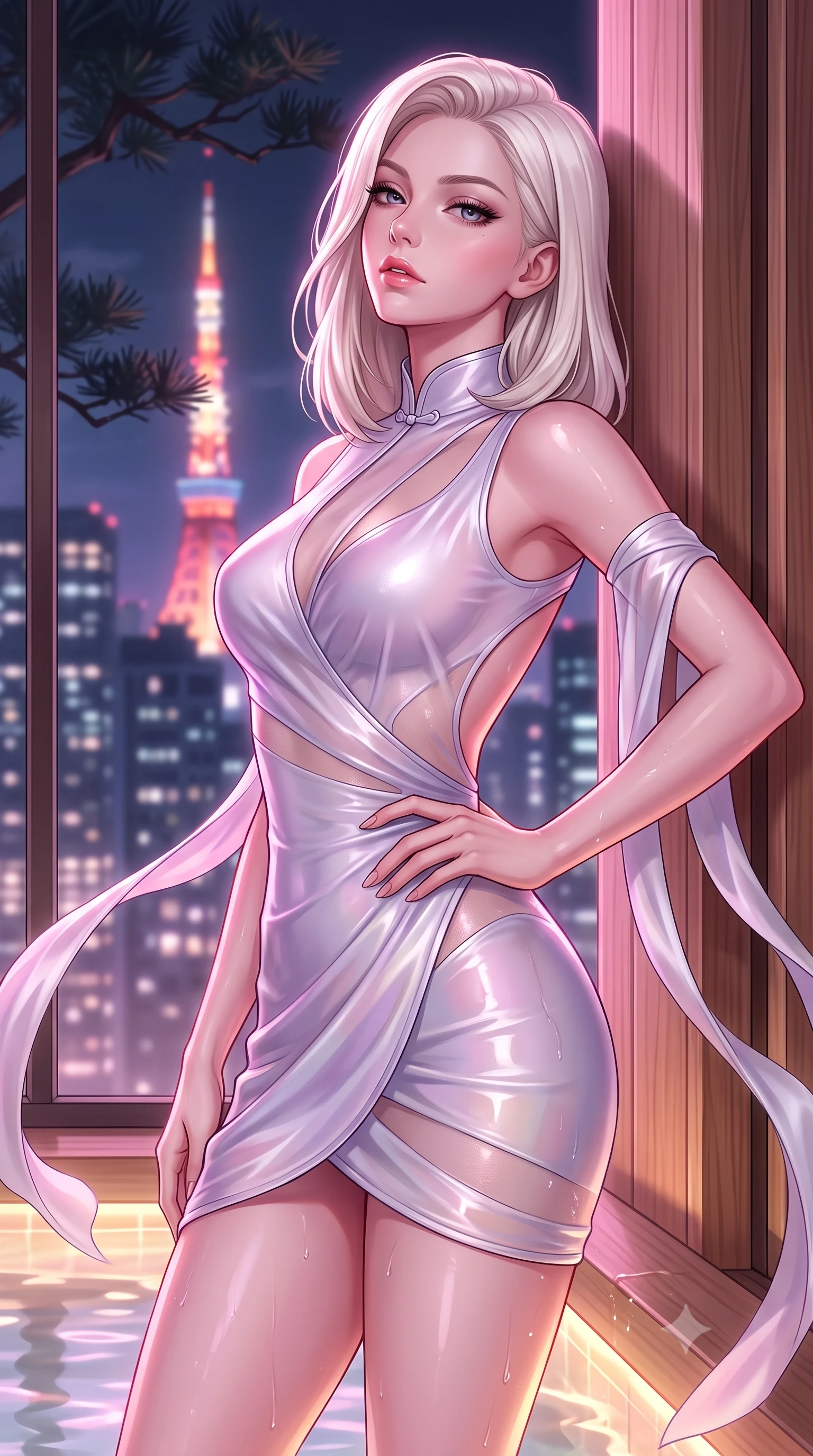 score_9, masterpiece, best quality, ultra-detailed, high-budget anime keyframe, semi-realistic 3D game render, editorial fashion photography, tasteful artistic composition, Caucasian woman. close-up cowboy shot from the waist and thighs up, the character dominates the composition, filling the frame with her large presence. tilting her chin up with proud, sovereign allure while gazing through thick eyelashes, one hand resting on her waist in pure supermodel charisma while leaning back against a cedar bath partition overlooking glowing Tokyo skyscrapers, parted glossy lips reflecting pink neon lights. The composition keeps background elements in soft focus with creamy bokeh. distant Tokyo Tower neon lights and dark pine branches softened in dreamy nocturnal shallow focus. She has an exceptionally elegant, slender, and willowy female figure with an ultra-slim waist, a gracefully sculpted slender torso, toned flat midriff, and rounded feminine hips creating an alluring hourglass silhouette. sharp v-shaped jawline, high-bridge nose, intricate jewel-like eyes with depth, thick eyelashes, glossy parted lips with a natural sheen, intensely captivating and seductive bedroom-eyes expression, flawlessly proportioned anatomical accuracy, strict slender model proportions, natural body alignment, perfectly sculpted long slender limbs, ultra-slim waistline, clean dynamic posture without body distortion. wearing a wet-look silk fusion wrap dress with asymmetrical sheer mesh cutouts and high Mandarin collar in ethereal lilac mist and pearlescent white, made of flexible second-skin stretch neoprene with specular sheen, finished with long flowing silk arm ribbons that float weightlessly in the air, the dramatically scooped open back descending to the base of her spine, accentuating her razor-sharp statuesque lines and curvy hourglass silhouette. bathed in soft pink cherry blossom ambient glow and warm underwater mineral pool lights. highly saturated vibrant anime colors, detailed shading with soft gradients, rich glossy textures, high-contrast stereoscopic depth, volumetric dynamic lighting, master piece, 9:16 ratio