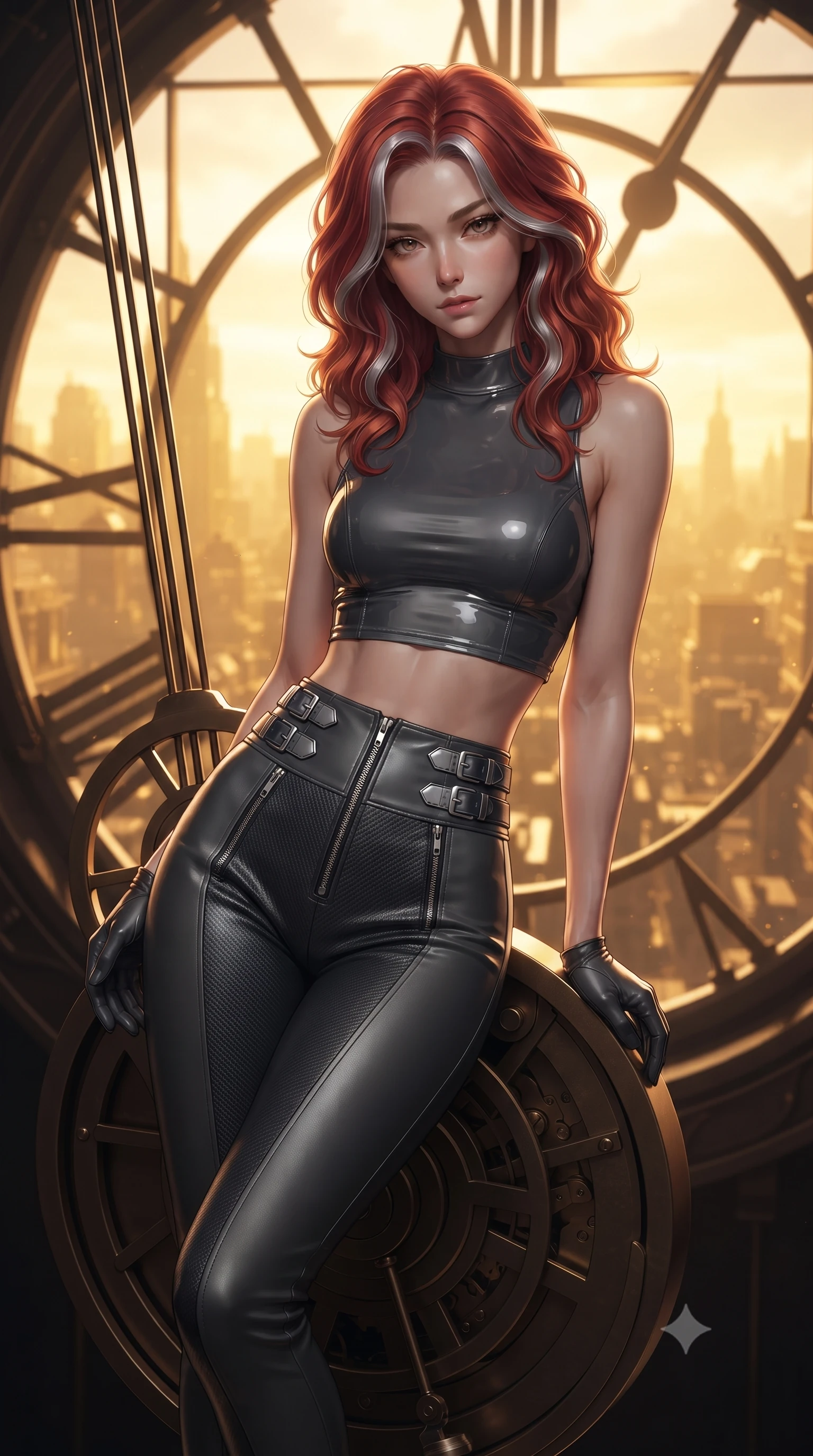 score_9, masterpiece, best quality, ultra-detailed, high-budget anime keyframe, editorial fashion photography, tasteful artistic composition, Caucasian woman. close-up cowboy shot from the waist and thighs up, the character dominates the composition, filling the frame with her large presence, background elements kept in soft focus. Leaning slightly forward with a composed, seductive gaze under soft glowing light poised on a massive mechanical clock pendulum swinging over a golden city, dramatic twilight amber light streaming through the giant clock window. She has an exceptionally elegant, slender, and willowy female figure with an ultra-slim waist, a gracefully sculpted slender torso, and a refined silhouette. sharp v-shaped jawline, high-bridge nose, intricate jewel-like eyes with depth, thick eyelashes, glossy lips with a natural sheen. wearing a glossy vinyl crop top and high-waist tailored leggings with sleek zippers in charcoal grey and platinum, made of fine carbon-fiber weave and soft matte leather, detailed with polished silver buckles along the waistline, the glove-like fit emphasizing her statuesque silhouette. surrounded by warm hearth light and dramatic bronze rim highlights. ultra-reflective glossy finish, specular highlights, metallic sheen, high-contrast stereoscopic depth, volumetric dynamic lighting, 2k, ultra detail, master piece, 9:16 ratio