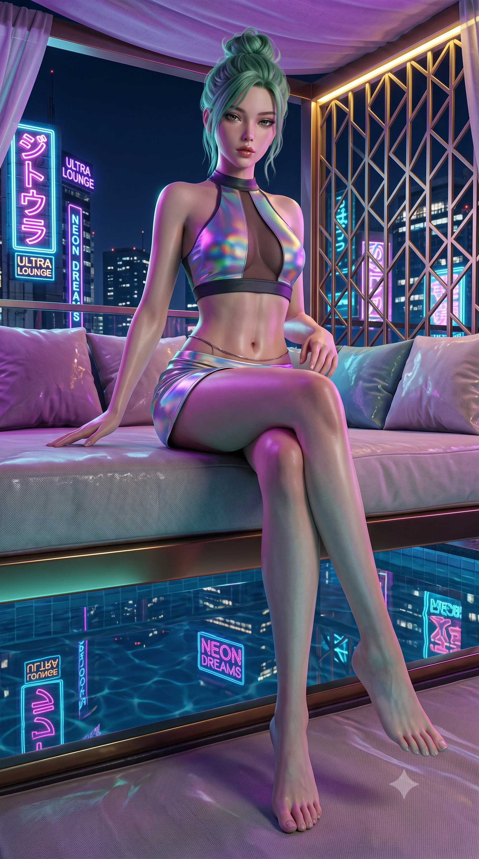 score_9, masterpiece, best quality, ultra-detailed, high-budget anime keyframe, semi-realistic 3D game render, editorial fashion photography, tasteful artistic composition, Japanese woman. low angle full-body shot from head to toe showing her feet, filling the entire 9:16 vertical frame with her statuesque presence, stretching her vertical silhouette. sitting perched on the elevated ledge with hips angled toward the camera and legs crossed, displaying her toned midriff and flawlessly sculpted slender limbs while lounging in a private VIP cabana bed propped on one hip, parted lips glistening as purple and cyan neon reflections wash over her body. The surrounding environment is rendered in vivid detail and crisp panoramic clarity. detailed neon sign typography, wet fabric sheen, and night skyline reflections in high clarity. She has an absolutely perfect, statuesque 8.5-heads proportion, an exceptionally tall and slender model-like female figure with impossibly long slender legs, a toned flat midriff, an ultra-slim waist, and beautifully sculpted feminine hips. sharp v-shaped jawline, high-bridge nose, intricate jewel-like eyes with depth, thick eyelashes, glossy parted lips with a natural sheen, intensely captivating and seductive bedroom-eyes expression, flawlessly proportioned anatomical accuracy, strict slender model proportions, natural body alignment, perfectly sculpted long slender limbs, ultra-slim waistline, clean dynamic posture without body distortion. wearing a low-rise holographic micro-skirt paired with an aerodynamic crop halter top in iridescent rainbow prism and deep charcoal, made of stretchy athletic knit with sheer mesh cutout inserts, complemented by a delicate metallic hip chain catching the neon pool caustics, the second-skin form-contouring cut accentuating her sculpted flat midriff, narrow waistline, and dramatically curvy hips without adding bulk. surrounded by an electrifying, hypnotic, and irresistibly provocative nightlife goddess aura. highly saturated vibrant anime colors, detailed shading with soft gradients, rich glossy textures, high-contrast stereoscopic depth, volumetric dynamic lighting, master piece, 9:16 ratio