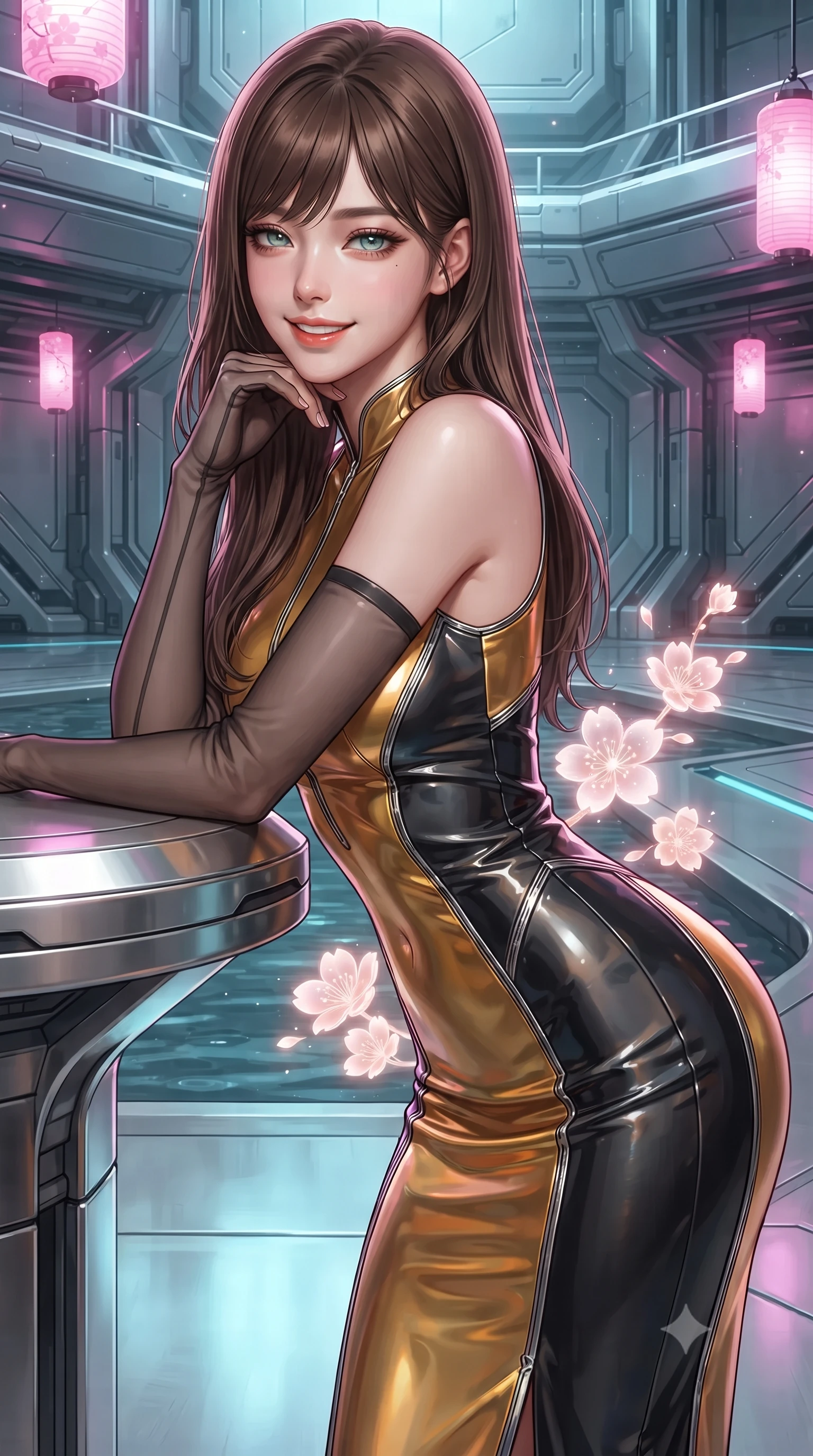 score_9, masterpiece, best quality, ultra-detailed, high-budget anime keyframe, editorial fashion photography, tasteful artistic composition, Korean woman. close-up cowboy shot from the waist and thighs up, the character dominates the composition, filling the frame with her large presence. resting one elbow on the table and supporting her chin, leaning close to the camera with heavy-lidded sparkling eyes and parted lips while twisting her slender torso in an alluring contrapposto stance beside the shallow reflecting pool, holographic cherry blossoms caressing her narrow waist and curvy hips. The surrounding environment is rendered in vivid detail and crisp panoramic clarity: detailed garment seam lines, metallic cyber-trim, and advanced aerospace architecture in razor-sharp precision. She has an exceptionally elegant, slender, and willowy female figure with an ultra-slim waist, flat toned midriff, narrow ribcage, and sculpted feminine hips creating an alluring, slim hourglass silhouette without bulk. sharp v-shaped jawline, high-bridge nose, intricate jewel-like sparkling eyes with depth, thick eyelashes, glossy parted lips with a natural peach sheen, bright cheerful beaming smile with an enchanting and coquettish sensual glint, exuding both youthful cute charm and seductive allure, flawlessly proportioned anatomical accuracy, strict slender model proportions, natural body alignment, perfectly sculpted long slender limbs, ultra-slim waistline, clean dynamic posture without body distortion. wearing a liquid chrome second-skin bodycon knit dress hugging every curve of her hourglass frame with metallic luster in solar-flare gold and interstellar onyx, crafted from fluid liquid silk satin that clings smoothly to her narrow waist and rounded hips with a dewy sheen, complemented by sheer opera-length evening gloves tracing her slender arms, the bespoke structured tailoring following the natural line of her 8.5-heads silhouette with refined elegance. bathed in the ethereal glow of neon magenta sakura lanterns combined with cool electric-cyan floor up-lights. ultra-reflective glossy finish, specular highlights, rich textural contrasts, high-contrast stereoscopic depth, volumetric dynamic lighting, 2k, ultra detail, master piece, 9:16 ratio
