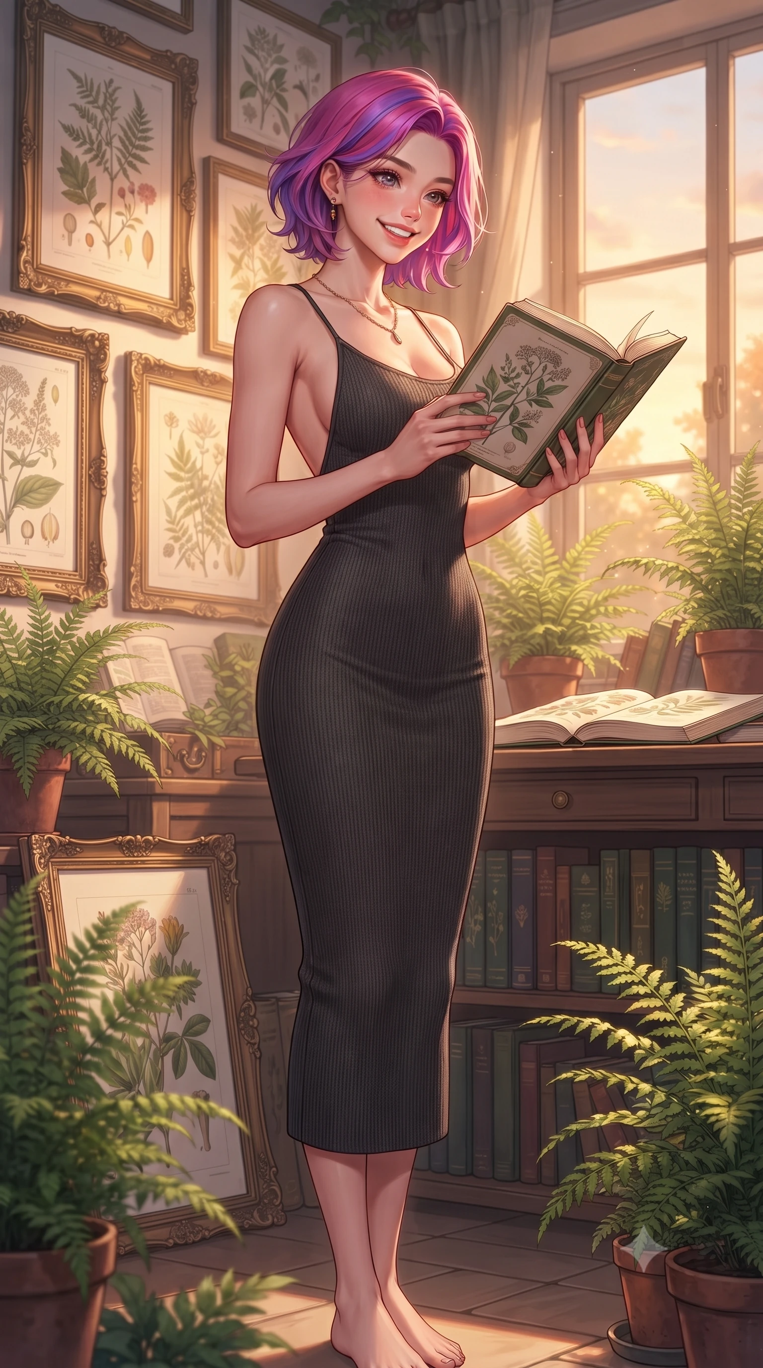 score_9, masterpiece, best quality, ultra-detailed, high-budget anime keyframe, editorial fashion photography, tasteful artistic composition, Caucasian woman. low angle full-body shot from head to toe showing her feet, filling the entire 9:16 vertical frame with her statuesque presence, stretching her vertical silhouette. standing with a cute, bright pose, tilting her head with a beaming smile set against a soft-focus background of at a study desk in a botanical library filled with botanical drawings and potted ferns reading an open hardcover book with a happy, focused expression. She has an absolutely perfect, statuesque 8.5-heads proportion, an exceptionally tall and slender model-like female figure with impossibly long slender legs and an ultra-slim waist. sharp v-shaped jawline, high-bridge nose, intricate jewel-like eyes with depth, thick eyelashes, glossy lips with a natural sheen. wearing body-hugging body-hugging knit midi dress with a tasteful open-back design and thin straps. cozy golden hour sunset light illuminating the dusty bookshelves with a warm glow. highly saturated vibrant anime colors, detailed shading with soft gradients, rich glossy textures, high-contrast stereoscopic depth, volumetric dynamic lighting, master piece, 9:16 ratio