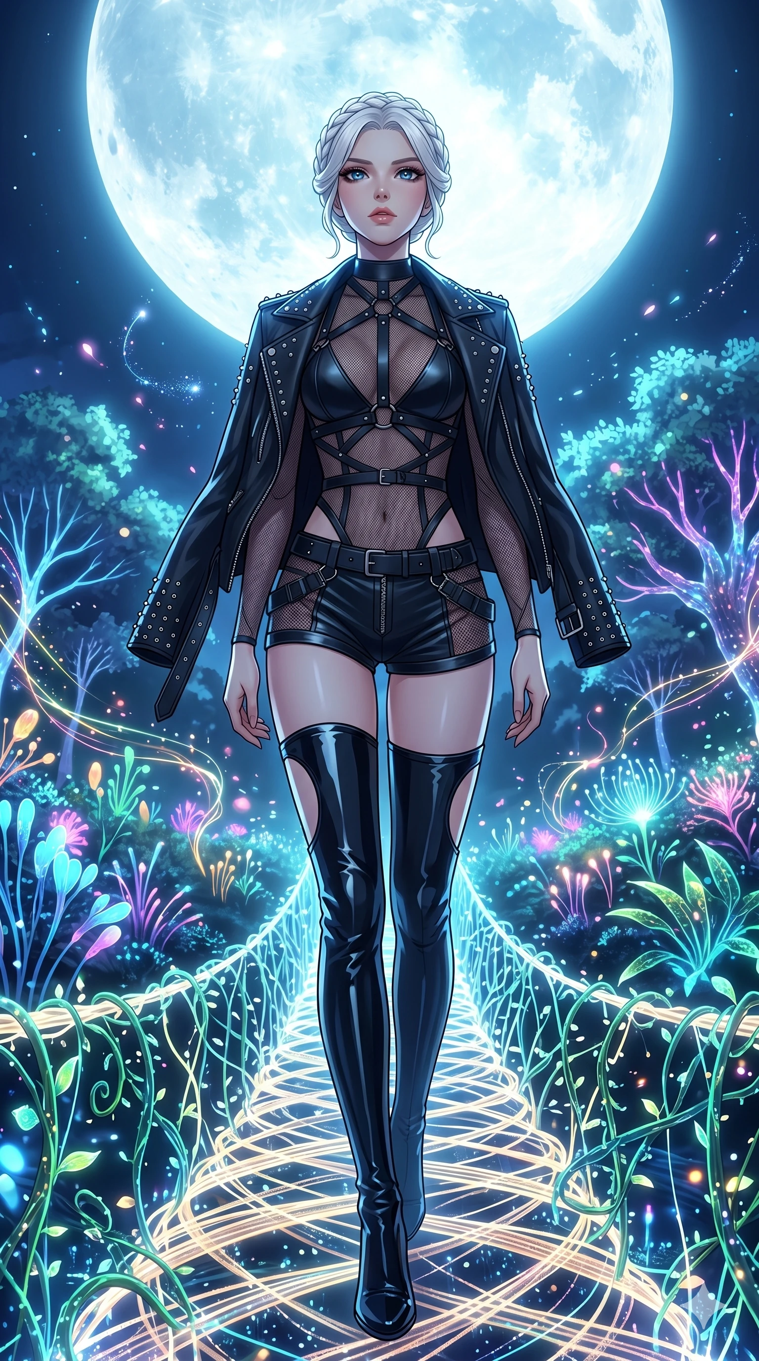 score_9, masterpiece, best quality, ultra-detailed, High-budget Anime Keyframe, vibrant colors, fluid line-art, expressive lighting, cinematic composition, Ufotable-style visual effects, top-tier animation quality, Japanese woman with delicate and elegant anime-inspired features. Low angle cowboy shot filling the entire 9:16 frame with her statuesque presence, looking up to emphasize her height. Walking across a bridge made of woven light and digital vines. She has an absolutely perfect 8-heads proportion, an exceptionally tall and slender female figure with impossibly long slender legs and an ultra-slim waist, her statuesque height and towering silhouette dominating the vertical 9:16 frame. Her face is a masterpiece featuring a sharp v-shaped jawline, high-bridge nose, intricate jewel-like eyes with depth, thick eyelashes, and glossy lips with a natural sheen. She is wearing a Leather harness over a mesh bodysuit with zip-up micro-shorts and tactical belts, studded biker jacket draped over shoulders, and thigh-high patent leather boots, featuring strategic side cut-outs.. The scene is set in a mystical grove under a giant glowing moon that illuminates the fiber-optic flora. 2k, ultra detail, master piece, 9:16 ratio