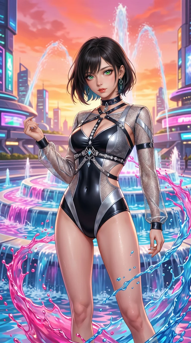 첨부의 캐릭터 얼굴만 유지해, score_9, masterpiece, best quality, ultra-detailed, Set A: Photorealistic 8k CG, Japanese woman. Upper body close-up from the thighs up, character filling the screen for maximum presence. Standing in a fountain of colorful liquid in a futuristic plaza. She has an absolutely perfect 8-heads proportion, an exceptionally tall and slender female figure with an slender waist and playful pose. Sharp v-shaped jawline, high-bridge nose, intricate jewel-like eyes with depth, thick eyelashes, glossy lips. Wearing a K-Idol Stage outfit: sleek bodysuit with a decorative harness and silver mesh. Background is a bright and colorful city plaza with vibrant pink and blue water and orange sky. 2k, ultra detail, master piece, 9:16 ratio