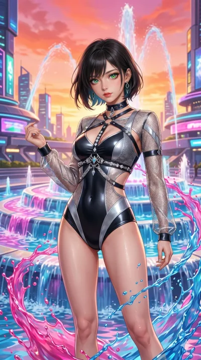 첨부의 캐릭터 얼굴만 유지해, score_9, masterpiece, best quality, ultra-detailed, Set A: Photorealistic 8k CG, Japanese woman. Upper body close-up from the thighs up, character filling the screen for maximum presence. Standing in a fountain of colorful liquid in 
