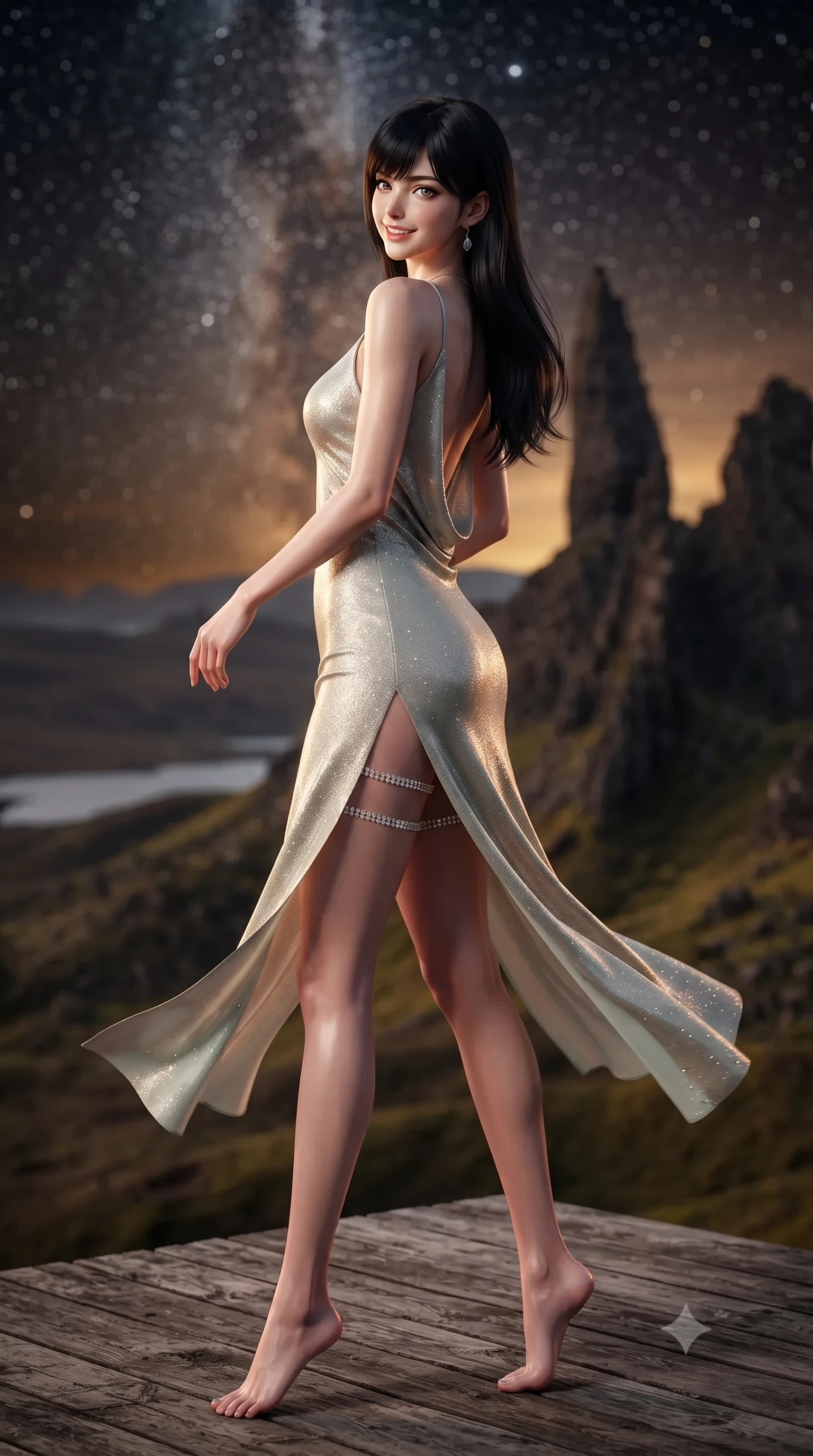 score_9, masterpiece, best quality, ultra-detailed, high-budget anime keyframe, editorial fashion photography, tasteful artistic composition, Caucasian woman. low angle full-body shot from head to toe showing her feet, filling the entire 9:16 vertical frame with her statuesque presence, stretching her vertical silhouette. executing a slow, graceful pivot turn as her skirt sways around her slender legs, glancing back with an enchanting, teasing sensual expression while standing poised on the weathered Scottish larch deck high above the otherworldly pinnacles of the Quiraing, arching her lower back as Atlantic winds whip her silhouette. The background shows a soft-focus monumental basalt rock spires of the Needle and Prison rock, rolling moorland below, and dense Milky Way starfield blurred into obsidian, amber, and diamond bokeh. She has an exceptionally tall and slender model-like 8.5-heads proportion, an ultra-slim waist, a flat toned midriff, narrow delicate ribcage, and beautifully sculpted feminine hips creating a graceful, slim hourglass silhouette without any bulky heaviness, with impossibly long slender legs. sharp v-shaped jawline, high-bridge nose, intricate jewel-like sparkling eyes with depth, thick eyelashes, glossy parted lips with a natural peach sheen, bright cheerful beaming smile with an enchanting and coquettish sensual glint, exuding both youthful cute charm and seductive allure, flawlessly proportioned anatomical accuracy, strict slender model proportions, natural body alignment, perfectly sculpted long slender limbs, ultra-slim waistline, clean dynamic posture without body distortion. wearing a form-contouring gossamer silk chiffon slip dress with a hip-high slit and open cowl back clinging with dewy moisture in Deauville Belle Époque champagne luster and seafoam pearl, woven from stretch metallic lurex jersey casting radiant starlight glints across her curves, finished with delicate crystal-encrusted thigh garter straps glinting in the dim light, the bespoke structured tailoring following the natural line of her 8.5-heads silhouette with refined elegance. bathed in the contrast of warm 2100K outdoor fire pit flames and brilliant unpolluted Dark Sky Reserve starlight. ultra-reflective glossy finish, specular highlights, rich textural contrasts, high-contrast stereoscopic depth, volumetric dynamic lighting, 2k, ultra detail, master piece, 9:16 ratio
