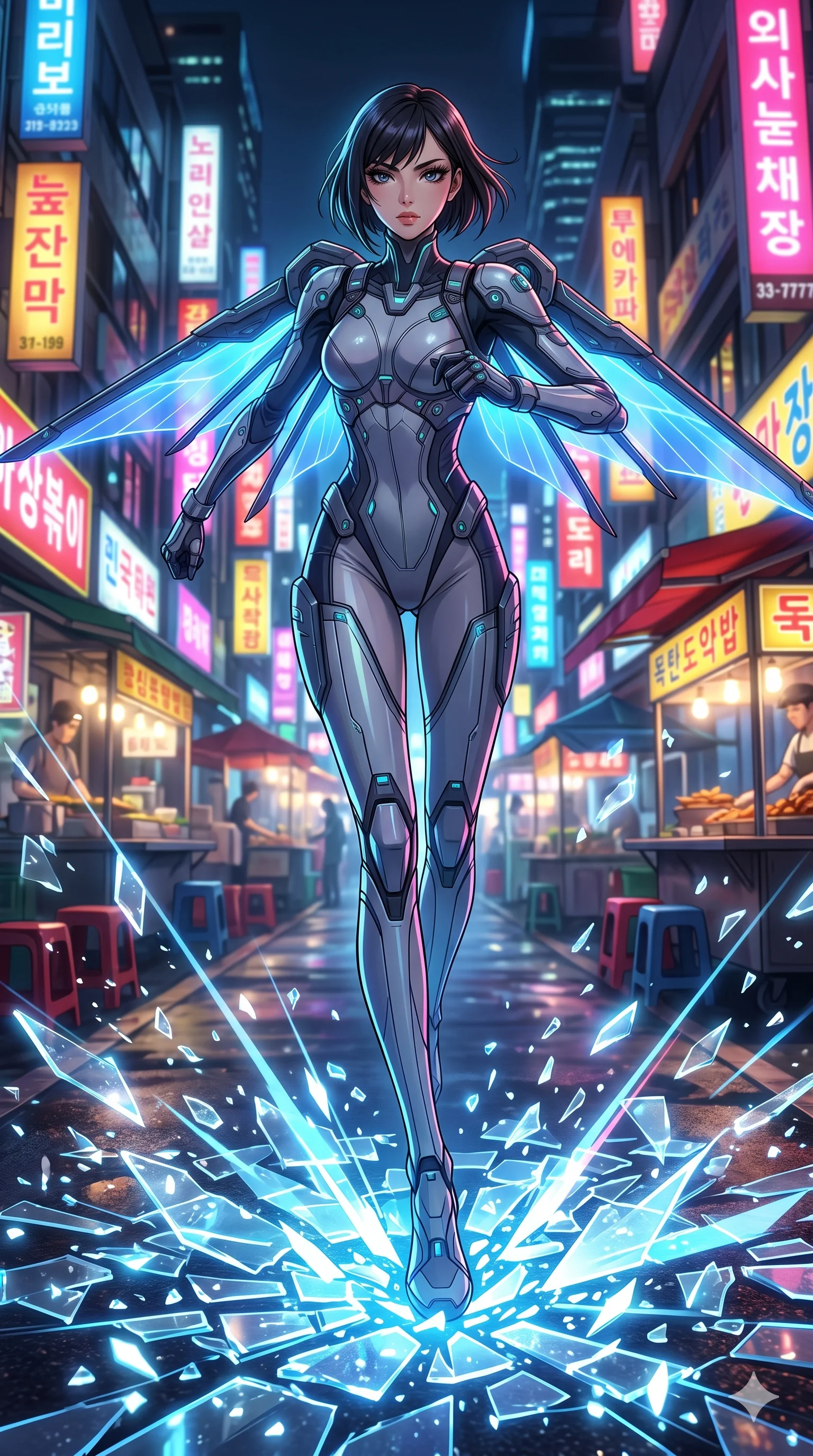 score_9, masterpiece, best quality, ultra-detailed, Set A: High-budget Anime Keyframe, Japanese woman. Low angle cowboy shot filling the entire 9:16 frame with her statuesque presence. Sprinting through a neon-lit Neo-Seoul market, as the ground beneath her turns into 101 shards of light and surrounded by shattered glass fragments. She has an absolutely perfect 8-heads proportion, an exceptionally tall and slender female figure with impossibly long slender legs and an ultra-slim waist. Sharp v-shaped jawline, high-bridge nose, intricate jewel-like eyes with depth, thick eyelashes, glossy lips with a natural sheen. Wearing Cybernetic wingsuit with glowing wing membranes and a sleek pilot bodysuit. Cinematic lighting, vibrant colors, dramatic shadows, 2k, ultra detail, master piece, 9:16 ratio
