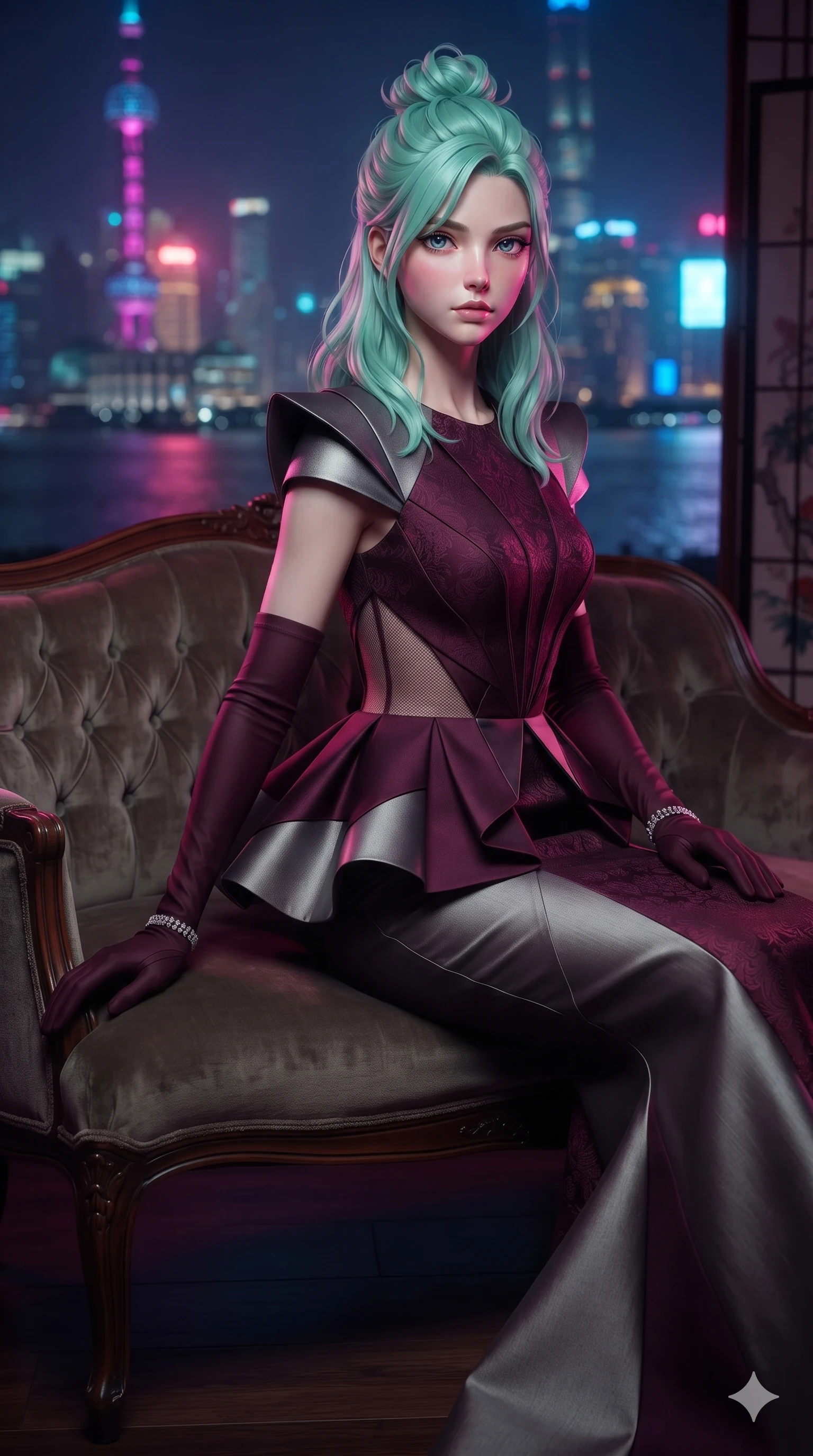score_9, masterpiece, best quality, ultra-detailed, high-budget anime keyframe, editorial fashion photography, tasteful artistic composition, Japanese woman. close-up cowboy shot from the waist and thighs up, the character dominates the composition, filling the frame with her large presence. perched sideways on the vintage settee, one knee drawn up to showcase her slender leg line while her arched back accentuates her feminine hip curve while arching her spine backward with effortless dancer poise, one hand sliding along her hip line as vibrant Pudong neon neon washes across her silhouette. The surrounding environment is rendered in vivid detail and crisp panoramic clarity: sharp teak deck caulking seams, sleek brass railing rivets, and crisp neon skyline architecture in deep focus. She has an exceptionally elegant, slender, and willowy female figure with an ultra-slim waist, flat toned midriff, narrow ribcage, and sculpted feminine hips creating an alluring, slim hourglass silhouette without bulk. sharp v-shaped jawline, high-bridge nose, intricate jewel-like sparkling eyes with depth, thick eyelashes, glossy parted lips with a natural sheen, intensely captivating and seductive bedroom-eyes expression, exuding both youthful cute charm and sovereign luxury allure, flawlessly proportioned anatomical accuracy, strict slender model proportions, natural body alignment, perfectly sculpted long slender limbs, ultra-slim waistline, clean dynamic posture without body distortion. wearing a structural geometric peplum gown with sheer side-ribbon cutouts and form-fitting skirt in deep wine burgundy and brushed dark platinum, made of delicate semi-sheer nanotech mesh with microscopic hexagonal weaves, complemented by sheer opera-length evening gloves tracing her slender arms, the form-contouring cut accentuating her sculpted flat midriff, narrow delicate ribcage, and gracefully curvy hips with intoxicating allure. bathed in vibrant magenta and electric cyan river skyline reflections contrasting with warm amber interior downlights. ultra-reflective glossy finish, specular highlights, rich textural contrasts, high-contrast stereoscopic depth, volumetric dynamic lighting, 2k, ultra detail, master piece, 9:16 ratio