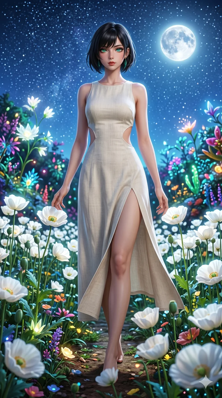 첨부의 캐릭터를 고정하되 의상, 포즈, 손 위의 마법을 다시 그리지마, score_9, masterpiece, best quality, ultra-detailed, Set A: Photorealistic 8k CG, Japanese woman. Low angle cowboy shot filling the entire 9:16 frame with her statuesque presence. Walking through a field of white poppies under a silver moon in a fantasy garden. She has an absolutely perfect 8-heads proportion, an exceptionally tall and slender female figure with elegant long slender legs and an slender waist. Sharp v-shaped jawline, high-bridge nose, intricate jewel-like eyes with depth, thick eyelashes, glossy lips. Wearing a Seasonal/Resort outfit: linen sundress with side cut-outs and a high side slit. Background is a bright and colorful garden with glowing white flowers and a vibrant starry sky. 2k, ultra detail, master piece, 9:16 ratio