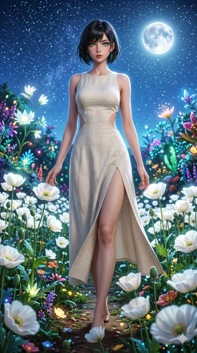 첨부의 캐릭터를 고정하되 의상, 포즈, 손 위의 마법을 다시 그리지마, score_9, masterpiece, best quality, ultra-detailed, Set A: Photorealistic 8k CG, Japanese woman. Low angle cowboy shot filling the entire 9:16 frame with her statuesque presence. Walking through a field of whit