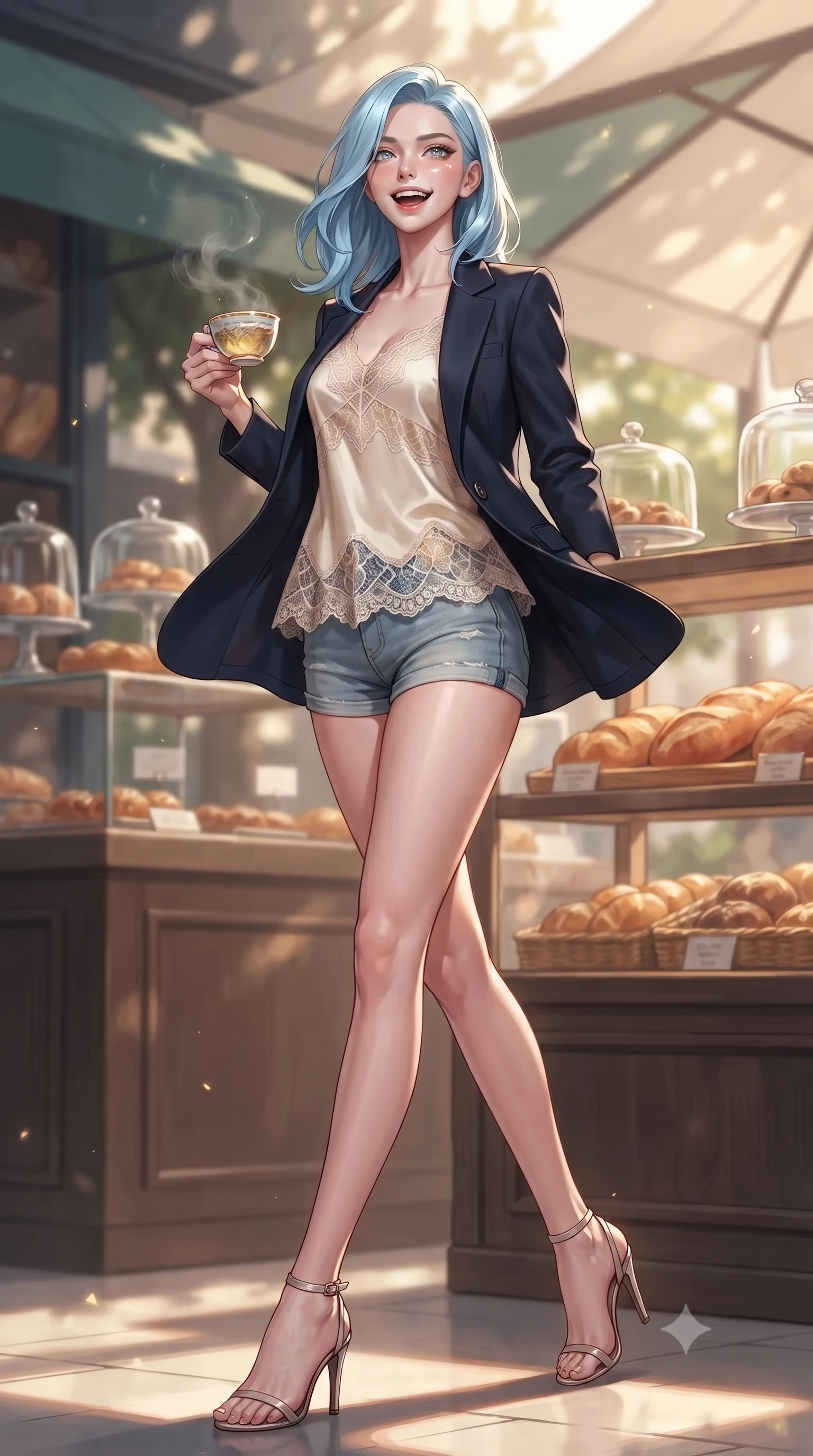 score_9, masterpiece, best quality, ultra-detailed, high-budget anime keyframe, editorial fashion photography, tasteful artistic composition, Korean woman. low angle full-body shot from head to toe showing her feet, filling the entire 9:16 vertical frame with her statuesque presence, stretching her vertical silhouette. twirling around with a playful, sensual laugh, her dress fluttering elegantly to accent her waistline set against a soft-focus background of inside a bustling bakery cafe with display shelves full of fresh bread holding a delicate ceramic cup of herbal tea with steam rising gently. She has an absolutely perfect, statuesque 8.5-heads proportion, an exceptionally tall and slender model-like female figure with impossibly long slender legs and an ultra-slim waist. sharp v-shaped jawline, high-bridge nose, intricate jewel-like eyes with depth, thick eyelashes, glossy lips with a natural sheen. wearing tailored delicate silk camisole with lace panels and a tailored blazer worn open over form-contouring shorts. dappled sunlight filtering through the outdoor awning onto her face. ultra-reflective glossy finish, specular highlights, metallic sheen, high-contrast stereoscopic depth, volumetric dynamic lighting, 2k, ultra detail, master piece, 9:16 ratio
