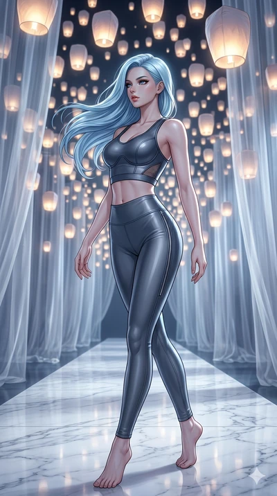 score_9, masterpiece, best quality, ultra-detailed, high-budget anime keyframe, editorial fashion photography, tasteful artistic composition, Korean woman. low angle full-body shot from head to toe showing her feet, filling the entire 9:16 vertical f