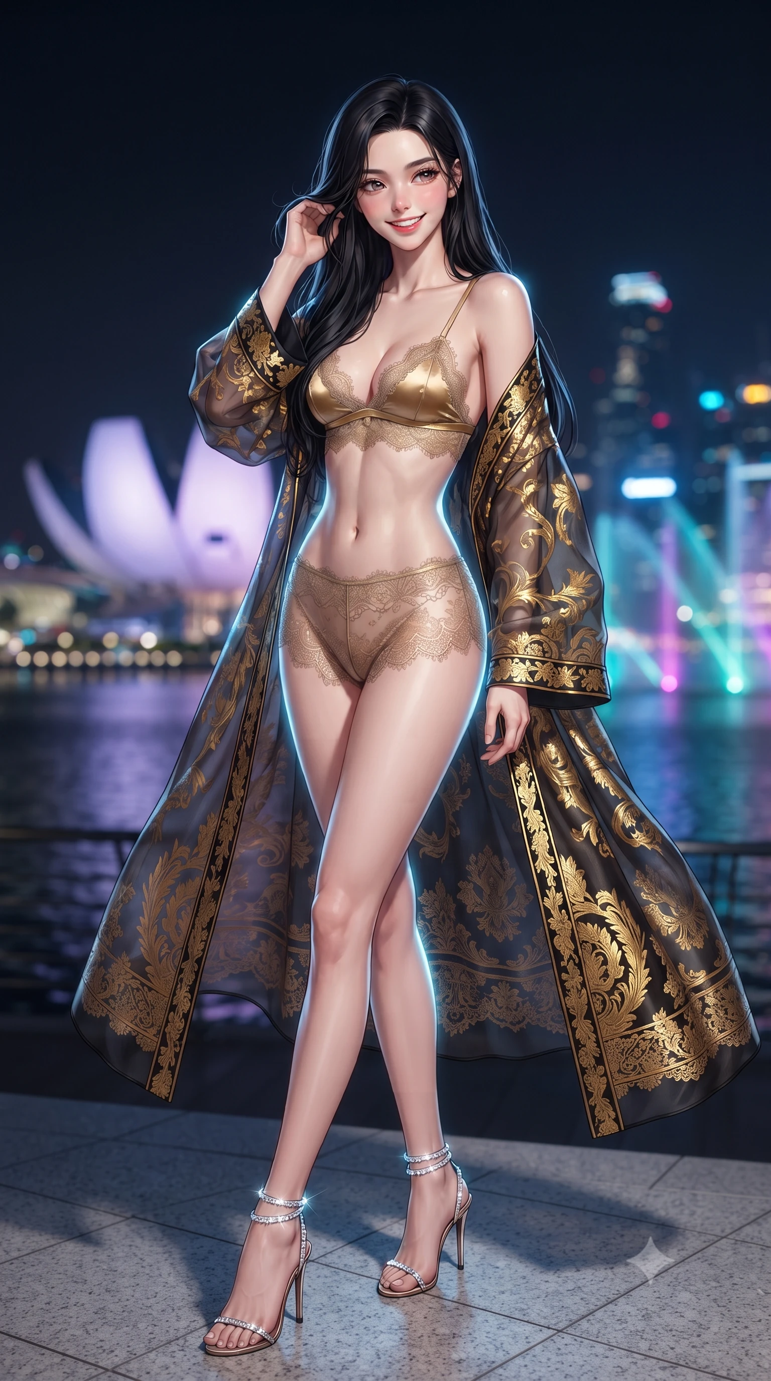 score_9, masterpiece, best quality, ultra-detailed, high-budget anime keyframe, editorial fashion photography, tasteful artistic composition, Korean woman. close-up cowboy shot from the waist and thighs up, the character dominates the composition, filling the frame with her large presence. gently brushing a lock of hair behind her ear while casting a playful, flirtatious side-gaze with long eyelashes while twisting her slender torso in an alluring contrapposto stance on the white granite deck, glowing city highway lights and lasers tracing her narrow waist and hips. The background shows a soft-focus futuristic lotus-shaped ArtScience Museum, glittering financial district towers, and Marina Bay laser water show blurred into electric cyan, magenta, and gold bokeh. She has an exceptionally elegant, slender, and willowy female figure with an ultra-slim waist, flat toned midriff, narrow ribcage, and sculpted feminine hips creating an alluring, slim hourglass silhouette without bulk. sharp v-shaped jawline, high-bridge nose, intricate jewel-like sparkling eyes with depth, thick eyelashes, glossy parted lips with a natural peach sheen, bright cheerful beaming smile with an enchanting and coquettish sensual glint, exuding both youthful cute charm and seductive allure, flawlessly proportioned anatomical accuracy, strict slender model proportions, natural body alignment, perfectly sculpted long slender limbs, ultra-slim waistline, clean dynamic posture without body distortion. wearing a sheer silk organza modern caftan robe worn loose and slipping off bare shoulders over a matching satin bralette and micro-shorts in Viennese golden secession noir and imperial 24k gold leaf, made of delicate semi-sheer French Chantilly lace with intricate eyelash edges, complemented by strappy stiletto sandals with crystal ankle wraps accentuating her slender calves, the impeccably tailored cut draping gracefully along her slender figure with aristocratic poise. illuminated by bay water reflection bounce and sharp platinum-cyan rim lights sculpting her razor-sharp jawline, narrow waist, and curvy hips. ultra-reflective glossy finish, specular highlights, rich textural contrasts, high-contrast stereoscopic depth, volumetric dynamic lighting, 2k, ultra detail, master piece, 9:16 ratio