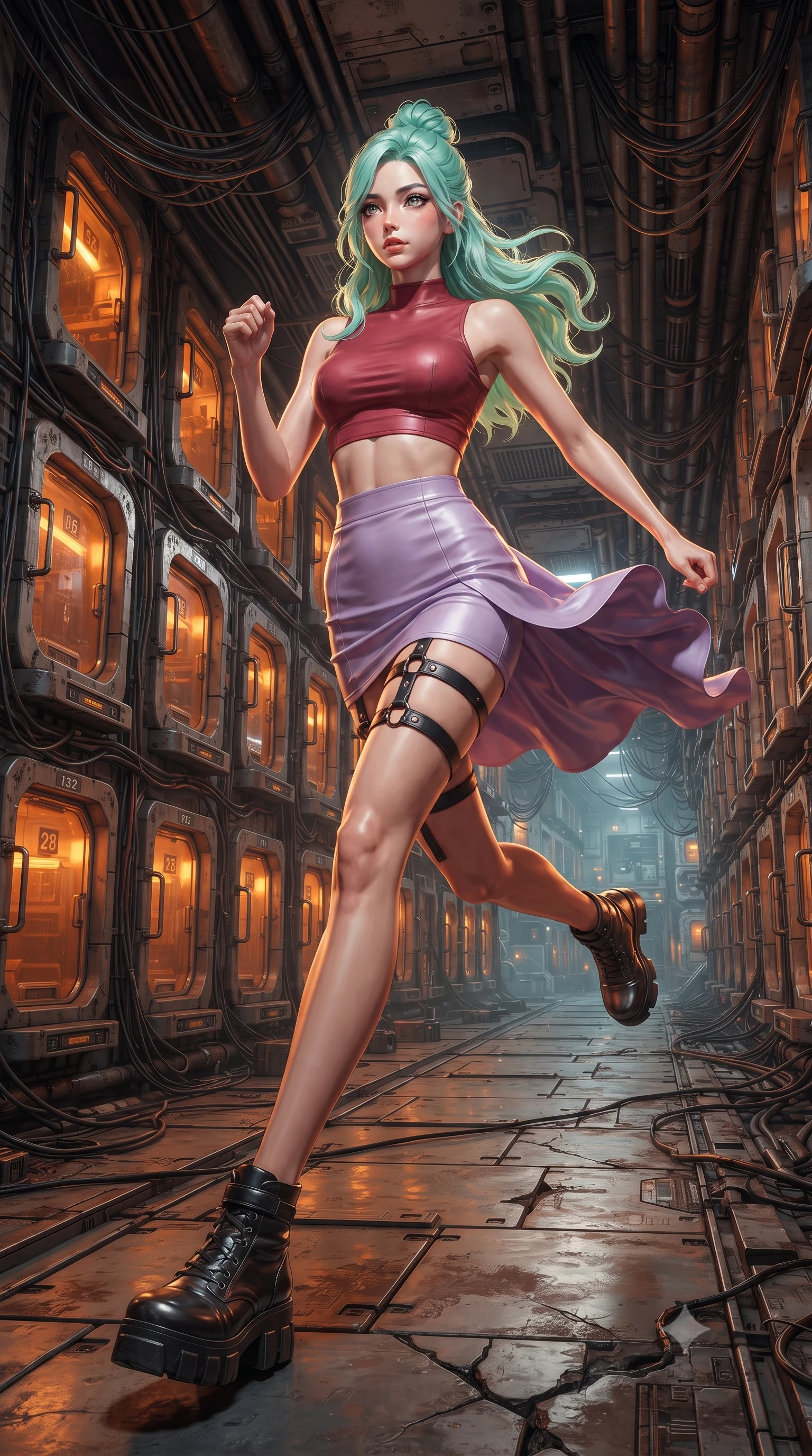 score_9, masterpiece, best quality, ultra-detailed, high-budget anime keyframe, editorial fashion photography, tasteful artistic composition, realistic cosplay photography, Japanese woman. low angle full-body shot from head to toe showing her feet, filling the entire 9:16 vertical frame with her statuesque presence, stretching her vertical silhouette. running along the outer hull of a giant starship in zero gravity, magnetic boots clinging to a narrow corridor of a capsule hotel in the slums, capsule doors glowing with orange vacancy lights, wires bundle along the ceiling. She has a statuesque 8.5-heads proportion, an exceptionally tall, slender and willowy model-like build with impossibly long legs and a highly sculpted ultra-slim waist. sharp v-shaped jawline, high-bridge nose, intricate jewel-like eyes with depth, thick eyelashes, glossy lips with a natural sheen. wearing the lightweight fabric rippling and billowing dramatically with her movement, a body-hugging matte crimson crop top paired with matching high-waist lavender mini skirt and black leather thigh straps. glowing kintsugi gold light radiating from cracks in the environment creating a majestic inner glow. ultra-reflective glossy finish, specular highlights, metallic sheen, high-contrast stereoscopic depth, volumetric dynamic lighting, 2k, ultra detail, master piece, 9:16 ratio