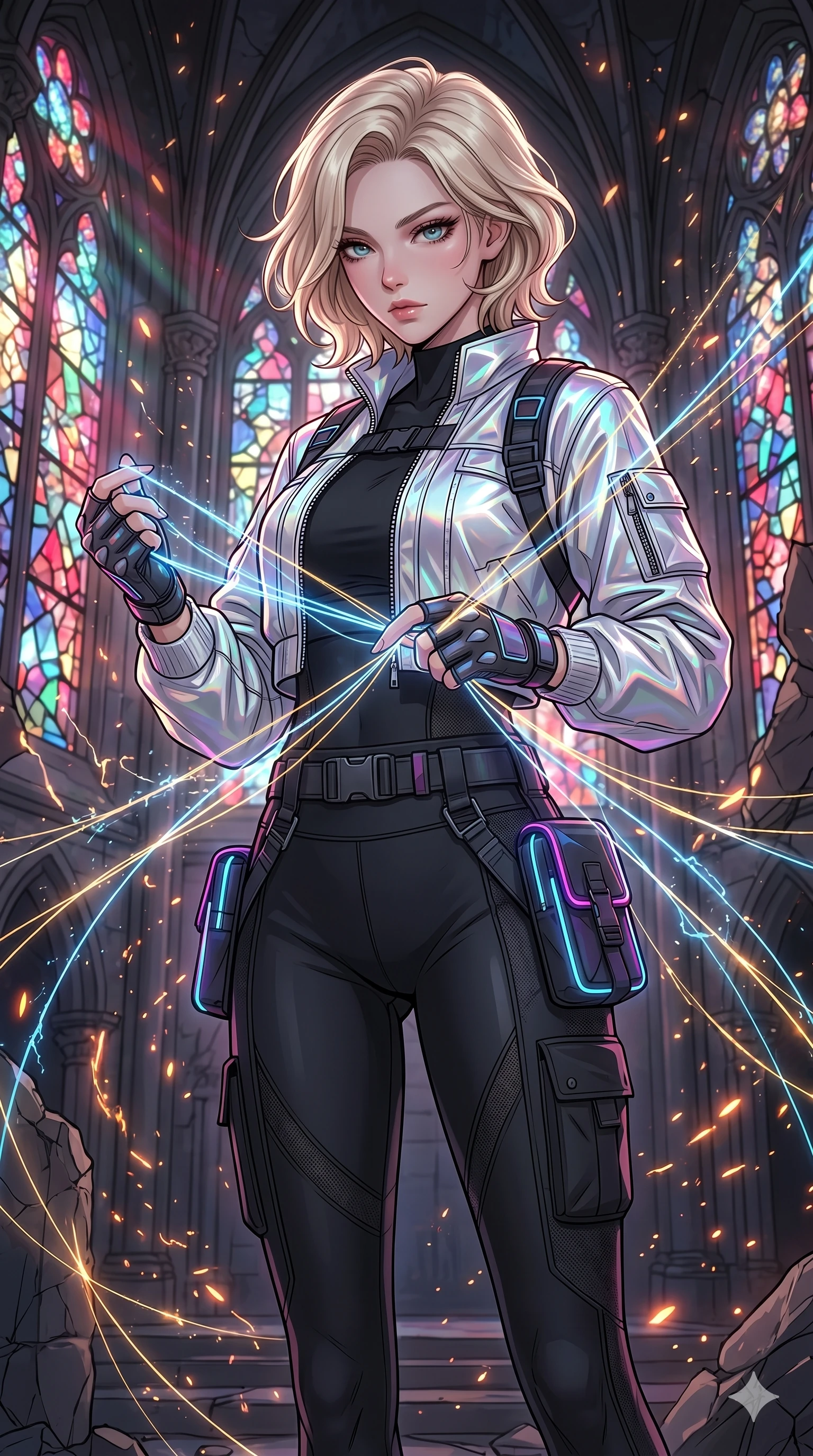 score_9, masterpiece, best quality, ultra-detailed, high-budget anime movie keyframe, cinematic anime lighting, intricate line art, Caucasian (strictly human ears) woman. Upper body filling screen focusing on her alluring features and slim-fit silhouette. weaving threads of light in a shattered stained glass cathedral in a storm of sparks. She has an absolutely perfect 8-heads proportion, an exceptionally tall and slender female figure with an ultra-slim waist and impossibly long slender legs. sharp v-shaped jawline, high-bridge nose, intricate jewel-like eyes, thick eyelashes, glossy lips. Wearing modern urban tech-wear ensemble with a cropped reflective bomber jacket, ultra-slim high-waisted cargo leggings, and tactical harness with neon-lit pouches. The scene is illuminated by dramatic atmospheric lighting and vibrant color palettes. , 2k, ultra detail, master piece, 9:16 ratio