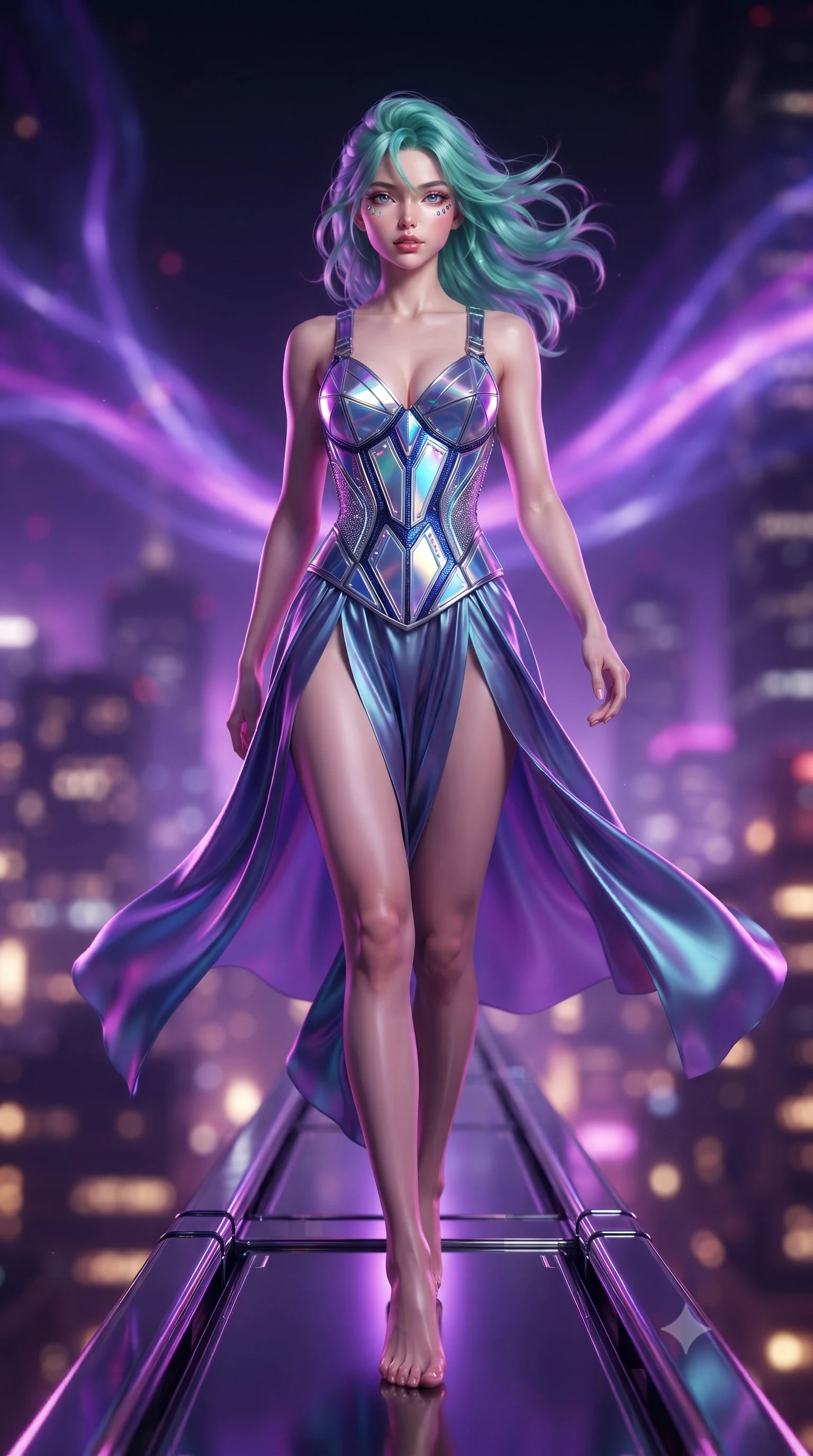 score_9, masterpiece, best quality, ultra-detailed, high-budget anime keyframe, editorial fashion photography, tasteful artistic composition, Japanese woman. low angle full-body shot from head to toe showing her feet, filling the entire 9:16 vertical frame with her statuesque presence, stretching her vertical silhouette. striding forward with commanding supermodel grace, her 8.5-heads statuesque silhouette dominating the vertical frame from head to toe while stepping along a narrow chrome gantry extending into the open night air with commanding supermodel grace. The composition keeps background elements in soft focus with creamy bokeh. swirling violet plasma aurora ribbons and glowing city grid lights blurred into rich purple, magenta, and gold bokeh. She has an absolutely perfect, statuesque 8.5-heads proportion, an exceptionally tall and slender model-like female figure with impossibly long slender legs, a toned flat midriff, and an ultra-slim waist. sharp v-shaped jawline, high-bridge nose, intricate jewel-like eyes with depth, thick eyelashes, glossy lips with a natural sheen, flawlessly proportioned anatomical accuracy, strict slender model proportions, natural body alignment, perfectly sculpted long slender limbs, ultra-slim waistline, clean dynamic posture without body distortion. wearing a precision-tailored holographic cyber-corset with geometric iridescent plating and an ultra-slim waist-cinching silhouette in liquid platinum silver and deep sapphire blue LED filaments, made of smooth flowing silk chiffon that shifts colors with movement, finished with an ultra-high side slit secured by miniature magnetic clasps, the liquid-tight tailored fabric emphasizing every curve of her tall, slender model proportions and sculptured silhouette during dynamic movement. bathed in vivid violet and electric magenta plasma aurora backlighting with golden city ground bounce. ultra-reflective glossy finish, specular highlights, dark metallic sheen, high-contrast stereoscopic depth, volumetric dynamic lighting, 2k, ultra detail, master piece, 9:16 ratio
