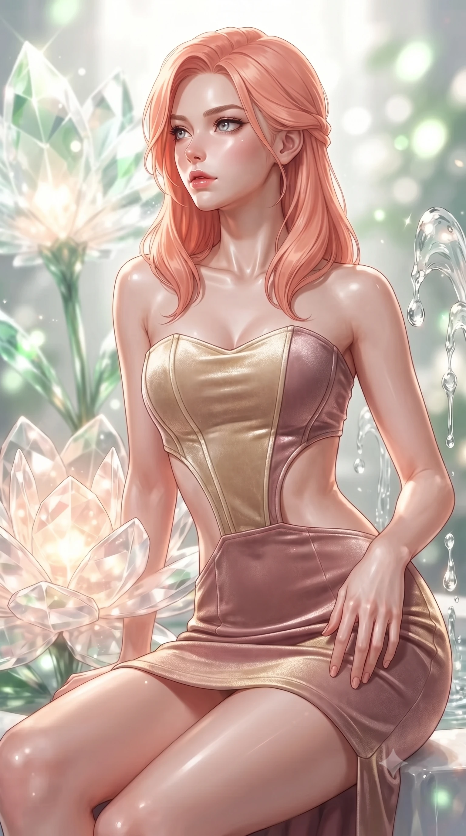 score_9, masterpiece, best quality, ultra-detailed, high-budget anime keyframe, editorial fashion photography, tasteful artistic composition, Japanese woman. close-up cowboy shot from the waist and thighs up, the character dominates the composition, filling the frame with her large presence, background elements kept in soft focus. Gazing past the camera with an air of effortless elegance and mysterious confidence resting near a giant solar-powered crystal flower emitting soft warm light, translucent water droplets cascading down platinum fountains. She has an exceptionally elegant, slender, and willowy female figure with an ultra-slim waist, a gracefully sculpted slender torso, and a refined silhouette. sharp v-shaped jawline, high-bridge nose, intricate jewel-like eyes with depth, thick eyelashes, glossy lips with a natural sheen. wearing a modern fusion silk hanbok dress with a structured bodice in dusty rose and champagne gold, made of premium stretch velvet with a rich sheen, featuring clean architectural cutouts along her slender torso, the elegant draped fit framing her graceful clavicle and slender torso. surrounded by a bright, airy ambiance with radiant white and green highlights. ultra-reflective glossy finish, specular highlights, metallic sheen, high-contrast stereoscopic depth, volumetric dynamic lighting, 2k, ultra detail, master piece, 9:16 ratio