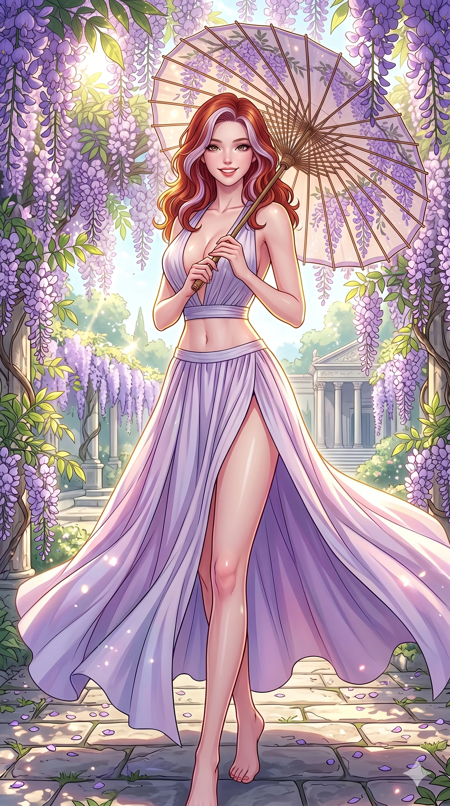 score_9, masterpiece, best quality, ultra-detailed, high-budget anime keyframe, vibrant anime aesthetic, Caucasian woman, strictly human ears. cowboy shot from the thighs up, character and outfit filling the frame for maximum presence. She is holding a parasol with a bright, charming smile, looking directly at the lens standing under wisteria in a garden courtyard (Code-P20-093). She has an absolutely perfect 8-heads proportion, an exceptionally tall and slender female figure with impossibly long slender legs and an ultra-slim waist. V-shaped jawline, high-bridge nose, intricate jewel-like eyes with depth, thick eyelashes, glossy lips with a natural sheen. wearing a plunging neckline top with exposed waist and high-slit skirt. She is bathed in brilliant, high-contrast sunlight with a single golden line tracing her profile. 2k, ultra detail, master piece, 9:16 ratio