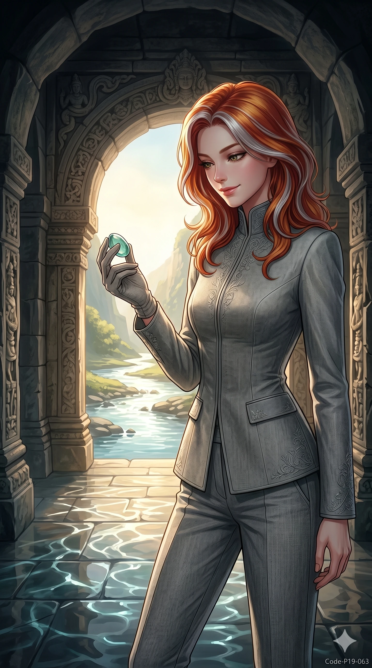 score_9, masterpiece, best quality, ultra-detailed, high-budget anime keyframe, editorial fashion photography, tasteful artistic composition, Caucasian woman, strictly human ears. cowboy shot from the thighs up, character and outfit filling the frame for maximum editorial presence. holding a small sea-glass stone, looking down with a serene and powerful smile inside a stone temple corridor overlooking a sunlit valley stream (Code-P19-063). She has an absolutely perfect 8-heads proportion, an exceptionally tall and slender female figure with impossibly long slender legs and an ultra-slim waist. V-shaped jawline, high-bridge nose, intricate jewel-like eyes with depth, thick eyelashes, glossy lips with a natural sheen. wearing a structured high-neck jacket in grey hemp paired with matching trousers. mystical water reflections, creating a strong contrast with the shadow in the grotto. 2k, ultra detail, master piece, 9:16 ratio