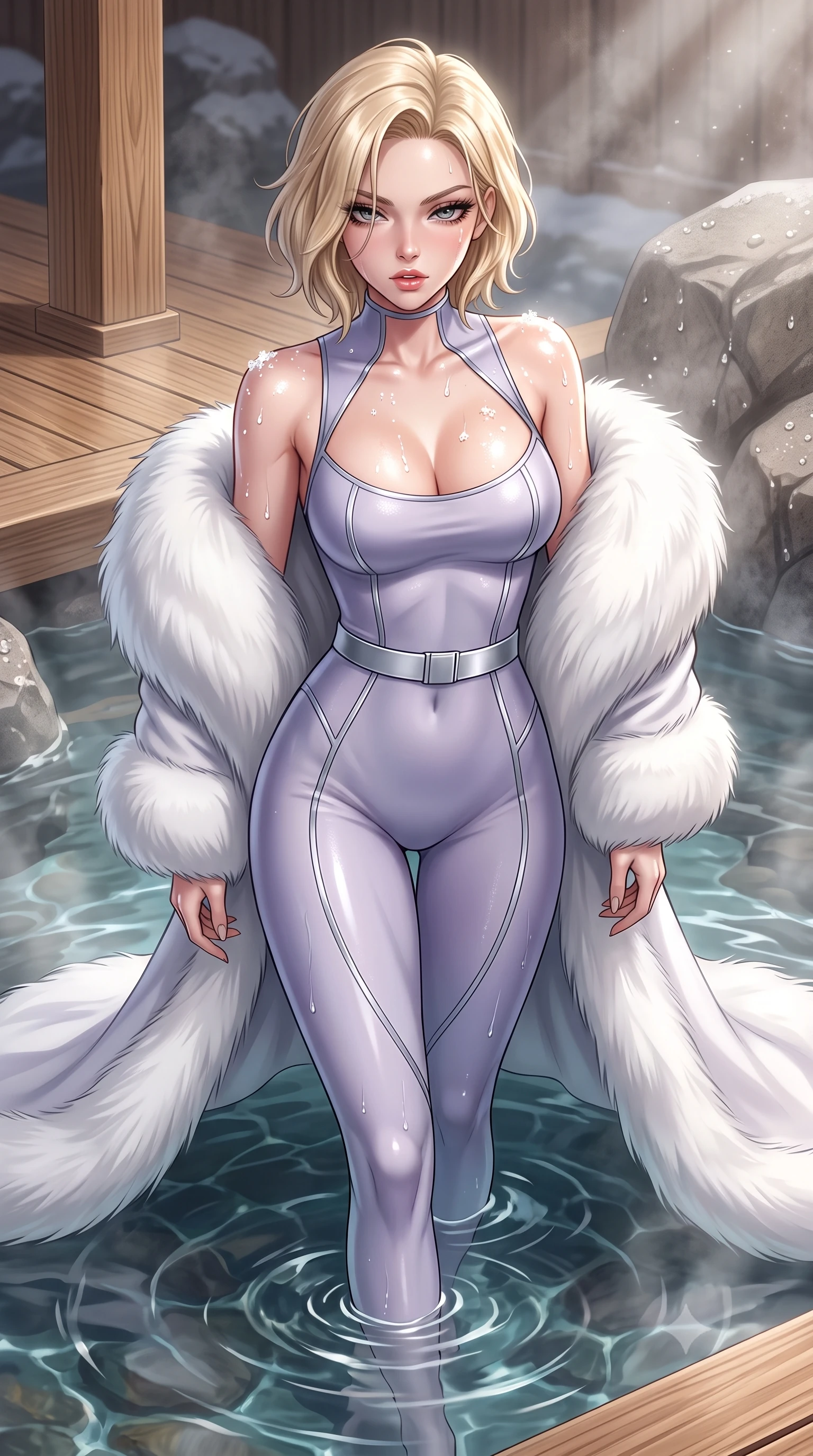 score_9, masterpiece, best quality, ultra-detailed, high-budget anime keyframe, semi-realistic 3D game render, editorial fashion photography, tasteful artistic composition, Caucasian woman. close-up cowboy shot from the waist and thighs up, the character dominates the composition, filling the frame with her large presence. tilting her chin up with proud, sovereign allure while gazing through thick eyelashes with an irresistible, dangerous bedroom-gaze while wading through the steaming thermal mineral pool, arching her spine in pure pleasure as snowflakes melt on her glowing skin. The surrounding environment is rendered in vivid detail and crisp panoramic clarity. crisp cedar wood grain, steam droplet beads on stone, and mineral water ripple caustics in deep focus. She has an exceptionally elegant, slender, and willowy female figure with an ultra-slim waist, a gracefully sculpted slender torso, toned flat midriff, and a refined slim silhouette. sharp v-shaped jawline, high-bridge nose, intricate jewel-like eyes with depth, thick eyelashes, glossy parted lips with a natural sheen, intensely captivating and seductive expression, flawlessly proportioned anatomical accuracy, strict slender model proportions, natural body alignment, perfectly sculpted long slender limbs, ultra-slim waistline, clean dynamic posture without body distortion. wearing a form-fitting thermal catsuit with reflective silver piping and an ultra-flattering waist-cinching belt in frosted lavender mist and metallic silver, made of seamless compression knit with anatomical curves sculpting, complemented by an opulent white fox-fur stole draped loosely over her shoulders, the sweeping couture drape swaying majestically with her steps, accentuating her tall statuesque limbs and slender waistline. illuminated by wet specular highlights accentuating her slender neckline, sculpted waist, and curves. highly saturated vibrant anime colors, detailed shading with soft gradients, rich glossy textures, high-contrast stereoscopic depth, volumetric dynamic lighting, master piece, 9:16 ratio