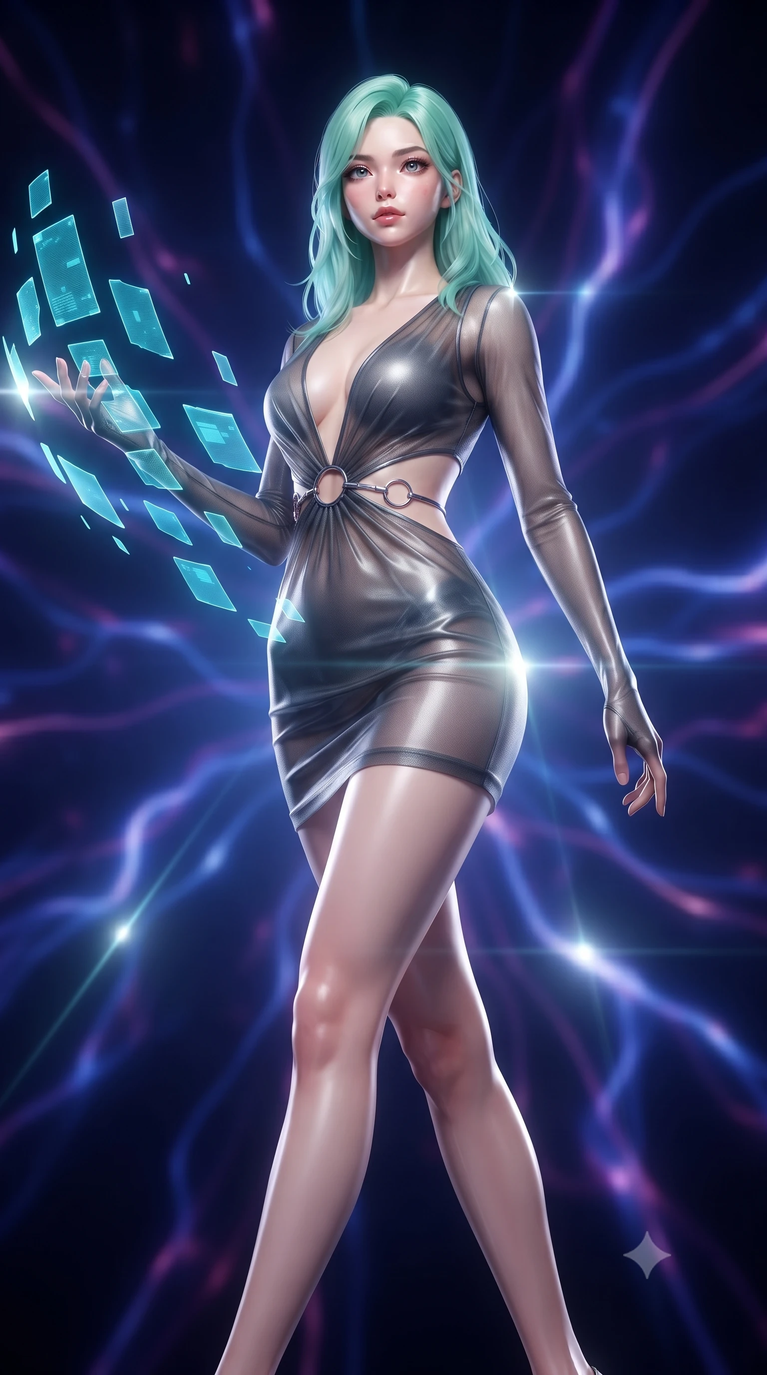 score_9, masterpiece, best quality, ultra-detailed, high-budget anime keyframe, editorial fashion photography, tasteful artistic composition, Japanese woman. low angle full-body shot from head to toe showing her feet, filling the entire 9:16 vertical frame with her statuesque presence, stretching her vertical silhouette. navigating the luminous space with effortless poise, displaying her perfect model proportions manipulating floating translucent cyan hologram data shards in a void, glowing plasma arcs pulsating rhythmically in the background. She has an absolutely perfect, statuesque 8.5-heads proportion, an exceptionally tall and slender model-like female figure with impossibly long slender legs and an ultra-slim waist. sharp v-shaped jawline, high-bridge nose, intricate jewel-like eyes with depth, thick eyelashes, glossy lips with a natural sheen. wearing a liquid mercury gloss mini dress with ultra-deep V-neck and waist cutouts in charcoal grey and platinum, woven from fine semi-opaque sheer organza, accented with delicate chrome ring hardware framing her waist, the glove-like fit emphasizing her statuesque silhouette. lit by bright volumetric laser beams and soft specular highlights. ultra-reflective glossy finish, specular highlights, metallic sheen, high-contrast stereoscopic depth, volumetric dynamic lighting, 2k, ultra detail, master piece, 9:16 ratio