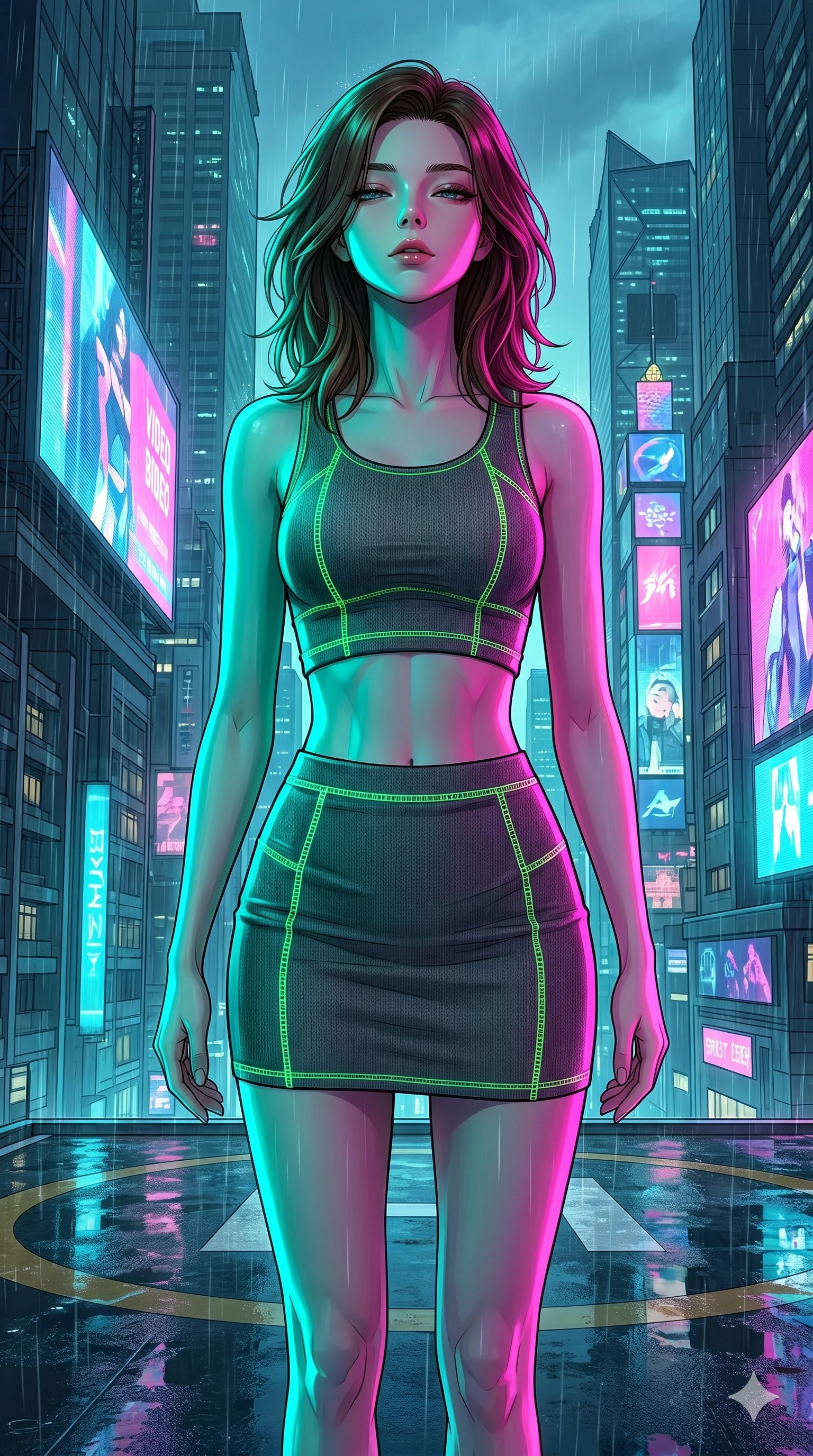 score_9, masterpiece, best quality, ultra-detailed, high-budget anime keyframe, editorial fashion photography, tasteful artistic composition, Korean woman. cowboy shot from the thighs up, character and outfit filling the frame for maximum editorial presence. Arching her neck slightly with her eyes half-closed in composure atop a high-rise helipad overlooking a rainy cyber-city illuminated by giant video billboards. She has an absolutely perfect 8-heads proportion, an exceptionally tall and slender female figure with impossibly long slender legs and an ultra-slim waist. V-shaped jawline, high-bridge nose, intricate jewel-like eyes with depth, thick eyelashes, glossy lips with a natural sheen. wearing a fitted crop top and matching mini skirt in charcoal grey tech-knit, featuring glowing neon-green flatlock stitching along all seams. under intense neon teal and magenta split-lighting creating vivid chromatic contrast on her figure. 2k, ultra detail, master piece, 9:16 ratio