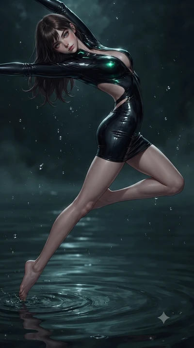 score_9, masterpiece, best quality, ultra-detailed, high-budget anime keyframe, editorial fashion photography, tasteful artistic composition, Korean woman. low angle full-body shot from head to toe showing her feet, filling the entire 9:16 vertical f