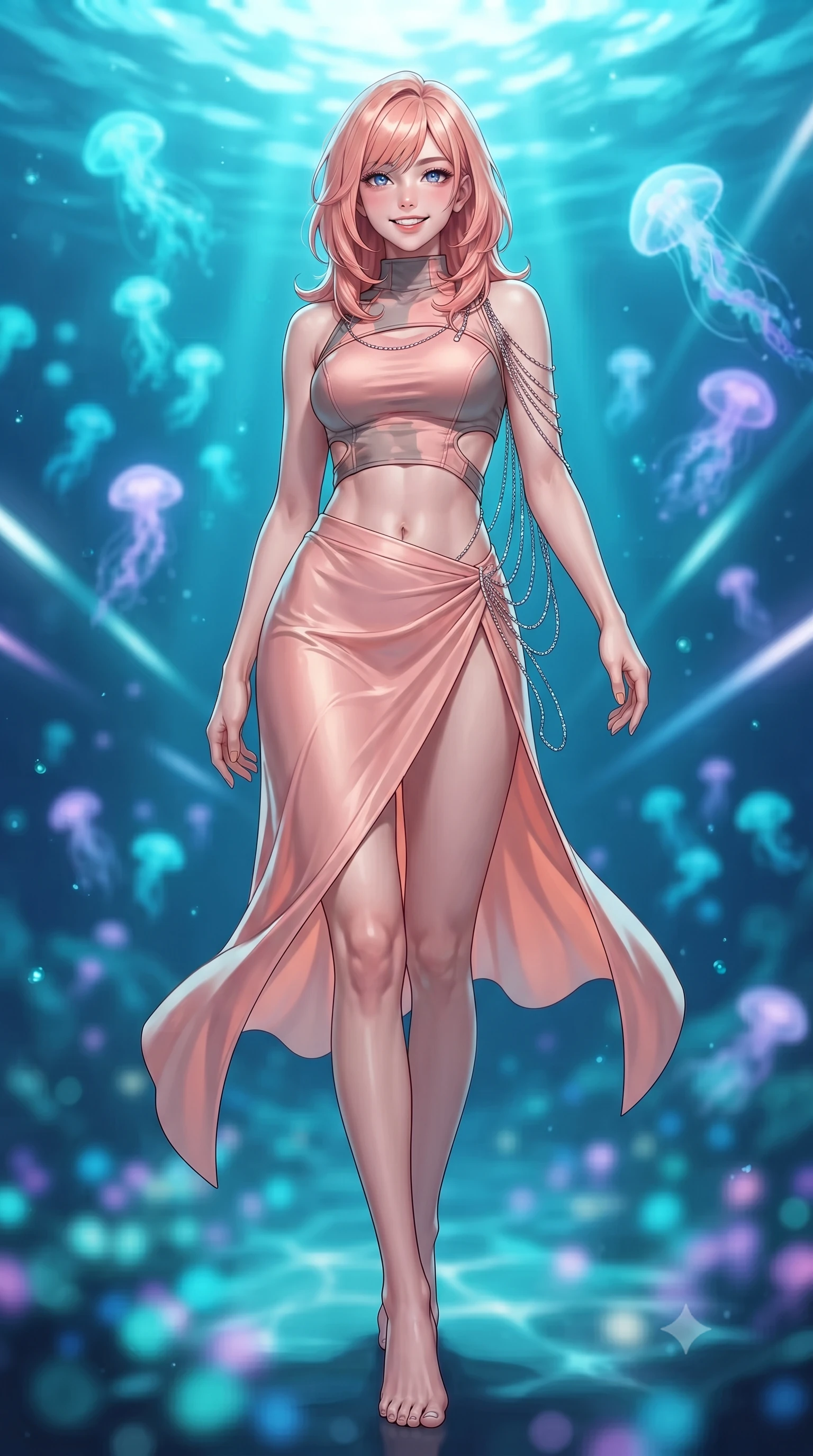 score_9, masterpiece, best quality, ultra-detailed, high-budget anime keyframe, editorial fashion photography, tasteful artistic composition, Japanese woman. low angle full-body shot from head to toe showing her feet, filling the entire 9:16 vertical frame with her statuesque presence, stretching her vertical silhouette. stepping slowly toward the camera with hypnotic grace, hips swaying in an alluring sensual rhythm that accentuates her curvy hourglass silhouette and long slender legs while twisting her slender torso in an alluring S-curve beside the departure concourse, pulsating turquoise water caustics caressing her flat midriff and hips. The background shows a soft-focus drifting swarms of cyan and lavender bioluminescent jellyfish, streaks of submerged maglev lights, and deep ocean floor blurred into turquoise, lilac, and sapphire bokeh. She has an exceptionally tall and slender model-like 8.5-heads proportion, an ultra-slim waist, a flat toned midriff, narrow delicate ribcage, and beautifully sculpted feminine hips creating a graceful, slim hourglass silhouette without any bulky heaviness, with impossibly long slender legs. sharp v-shaped jawline, high-bridge nose, intricate jewel-like sparkling eyes with depth, thick eyelashes, glossy parted lips with a natural peach sheen, bright cheerful beaming smile with an enchanting and coquettish sensual glint, exuding both youthful cute charm and seductive allure, flawlessly proportioned anatomical accuracy, strict slender model proportions, natural body alignment, perfectly sculpted long slender limbs, ultra-slim waistline, clean dynamic posture without body distortion. wearing an alluring tactical crop top with asymmetrical side-rib cutouts and high-neck collar paired with a high-slit wrap skirt in Solaris liquid rose-quartz and alien peach, made of fluid liquid jersey with seamless sculpting hold and smooth contours, accented with an open-back drape framed by falling strands of delicate chrome chains, the second-skin tailored fabric adhering flawlessly to her sculpted flat midriff and slender torso, emphasizing her long leg lines and perfectly proportioned willowy build. bathed in brilliant underwater cyan caustic ribbons combined with warm 2800K platform recessed downlights. ultra-reflective glossy finish, specular highlights, rich textural contrasts, high-contrast stereoscopic depth, volumetric dynamic lighting, 2k, ultra detail, master piece, 9:16 ratio