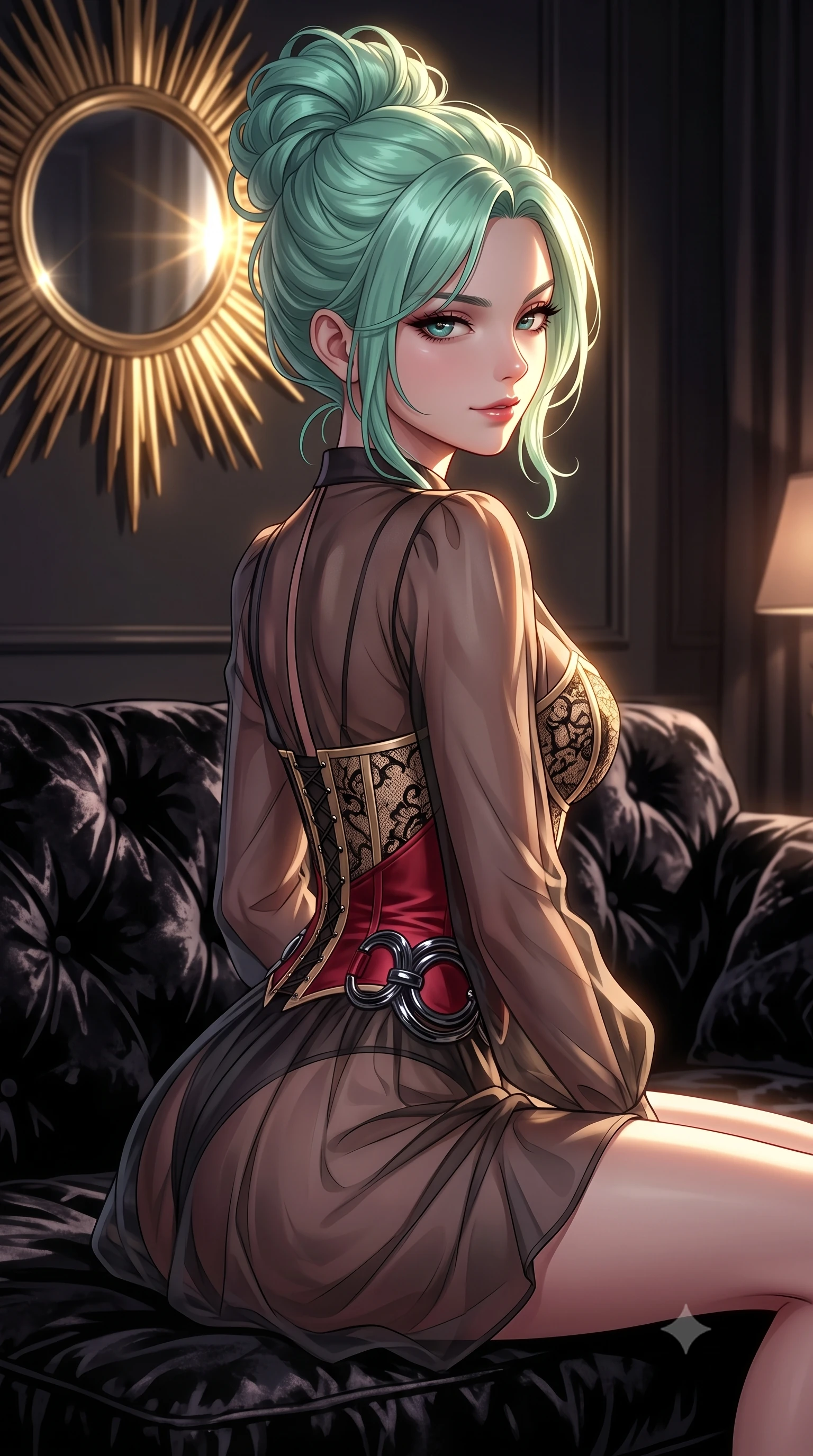 score_9, masterpiece, best quality, ultra-detailed, high-budget anime keyframe, editorial fashion photography, tasteful artistic composition, Japanese woman. close-up cowboy shot from the waist and thighs up, the character dominates the composition, filling the frame with her large presence, background elements kept in soft focus. Glancing sidelong over her shoulder with a smoldering, enigmatic half-smile, resting on a plush crushed black velvet lounge sofa in a private boudoir, sunburst mirror catching sharp golden specular highlights from the side key ray. She has an exceptionally elegant, slender, and willowy female figure with an ultra-slim waist, a gracefully sculpted slender torso, and a refined silhouette. sharp v-shaped jawline, high-bridge nose, intricate jewel-like eyes with depth, thick eyelashes, glossy lips with a natural sheen. wearing translucent dark organza mini dress over structured black lace corset in champagne gold, made of soft crimson satin, accented with sculpted obsidian chrome rings at the waist, contouring every curve with an exceptionally elegant silhouette. bathed in dramatic chiaroscuro with a sharp key light tracing her side profile. highly saturated vibrant anime colors, detailed shading with soft gradients, rich glossy textures, high-contrast stereoscopic depth, volumetric dynamic lighting, master piece, 9:16 ratio