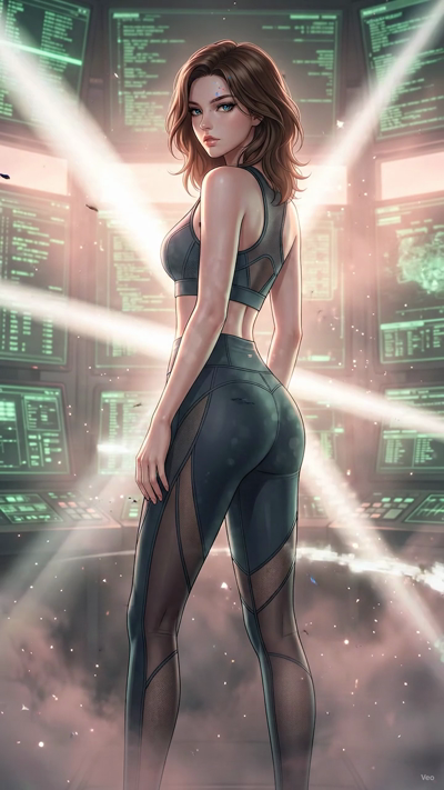 A dynamic sci-fi anime keyframe animation. The glowing circuit lines and neon highlights in the environment pulse with energy. Tiny digital fragments and light particles drift in a circular motion around the scene. The camera moves with a slow, smoot