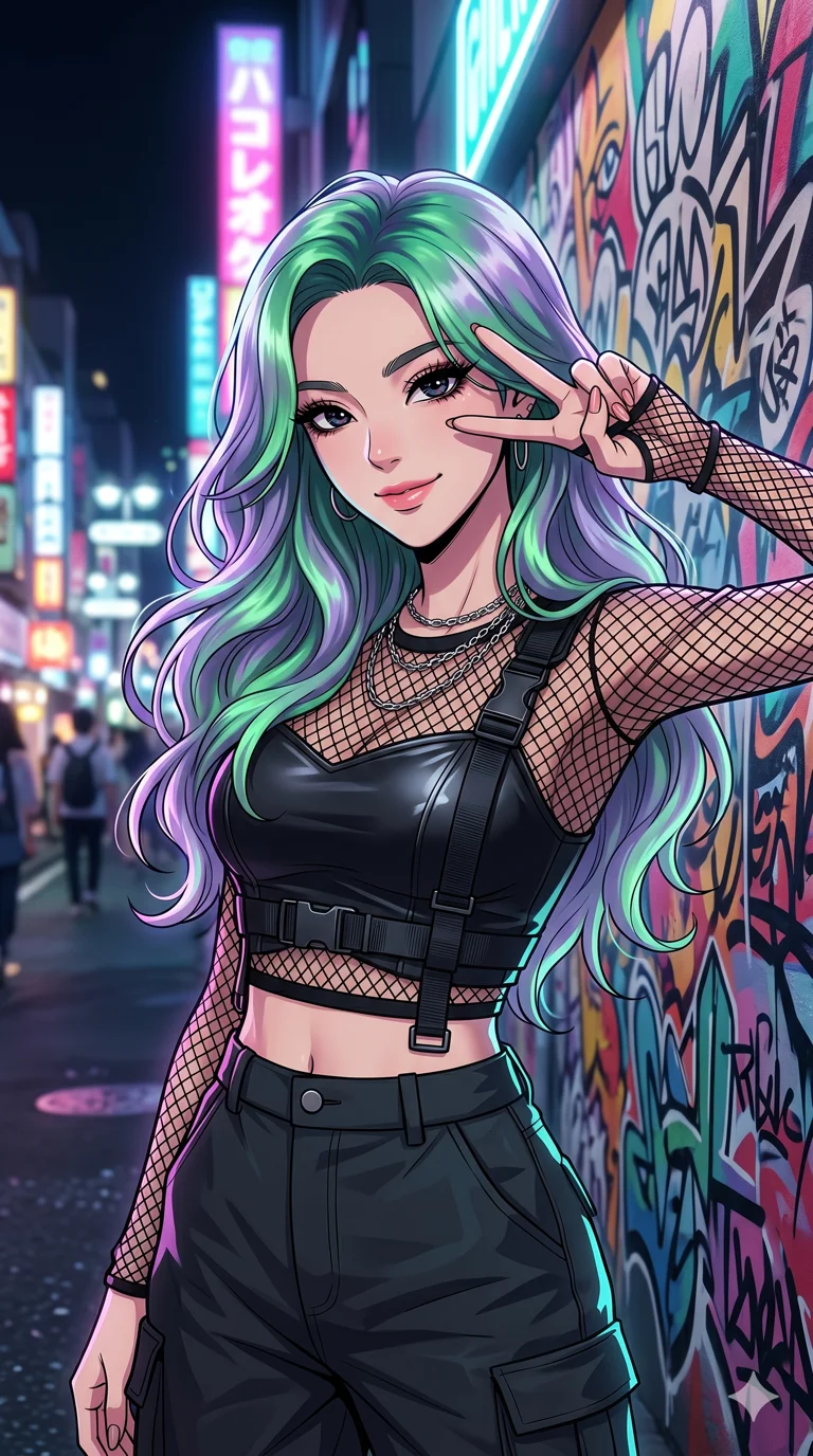 score_9, masterpiece, best quality, ultra-detailed, high-budget anime keyframe, vibrant colors and expressive line art, an incredibly beautiful Korean woman. Medium shot of upper body focusing on her alluring and cute features and her aurora-borealis hair with swirling emerald green and ethereal violet tones, filling the vertical 9:16 frame. She is posing with a peace sign in front of a colorful graffiti wall. She has a sharp v-shaped jawline, high-bridge nose, intricate jewel-like eyes, thick eyelashes, and glossy lips. She possesses an absolutely perfect 8-heads proportion and a slim-fit silhouette. She is wearing a stylish leather crop top with tactical straps and fishnet accents, highlighting her alluring silhouette. a neon-lit Harajuku street at night with vibrant bokeh lights, dramatic rim lighting, cinematic shadows, 2k, ultra detail, master piece, 9:16 ratio