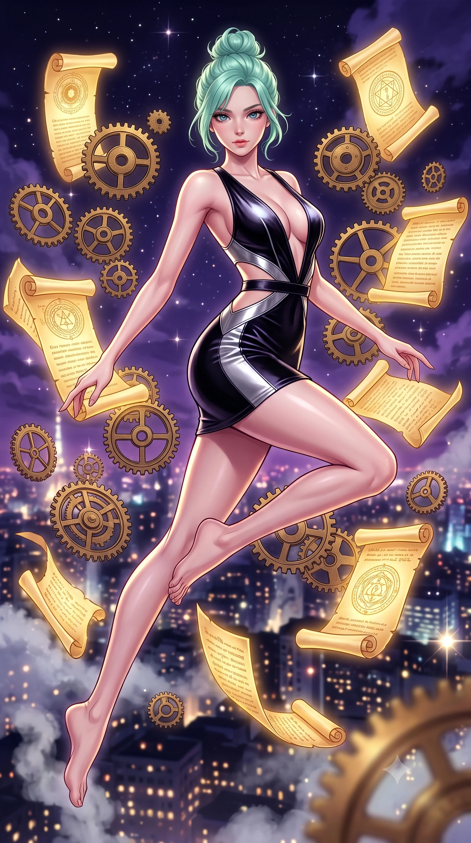 score_9, masterpiece, best quality, ultra-detailed, high-budget anime keyframe, editorial fashion photography, tasteful artistic composition, Japanese woman. low angle full-body shot from head to toe showing her feet, filling the entire 9:16 vertical frame with her statuesque presence, stretching her vertical silhouette. leaping gracefully through the environment with statuesque elegance and long slender legs surrounded by floating antique brass gears and glowing golden parchment scrolls, distant starlight and city lights twinkling through steam clouds. She has an absolutely perfect, statuesque 8.5-heads proportion, an exceptionally tall and slender model-like female figure with impossibly long slender legs and an ultra-slim waist. sharp v-shaped jawline, high-bridge nose, intricate jewel-like eyes with depth, thick eyelashes, glossy lips with a natural sheen. wearing a liquid mercury gloss mini dress with ultra-deep V-neck and waist cutouts in matte black and polished silver, made of premium stretch velvet with a rich sheen, featuring subtle geometric cutouts that highlight her ultra-slim midriff, the glove-like fit emphasizing her statuesque silhouette. lit by a contrast of deep violet sky and radiant golden mechanical light. highly saturated vibrant anime colors, detailed shading with soft gradients, rich glossy textures, high-contrast stereoscopic depth, volumetric dynamic lighting, master piece, 9:16 ratio
