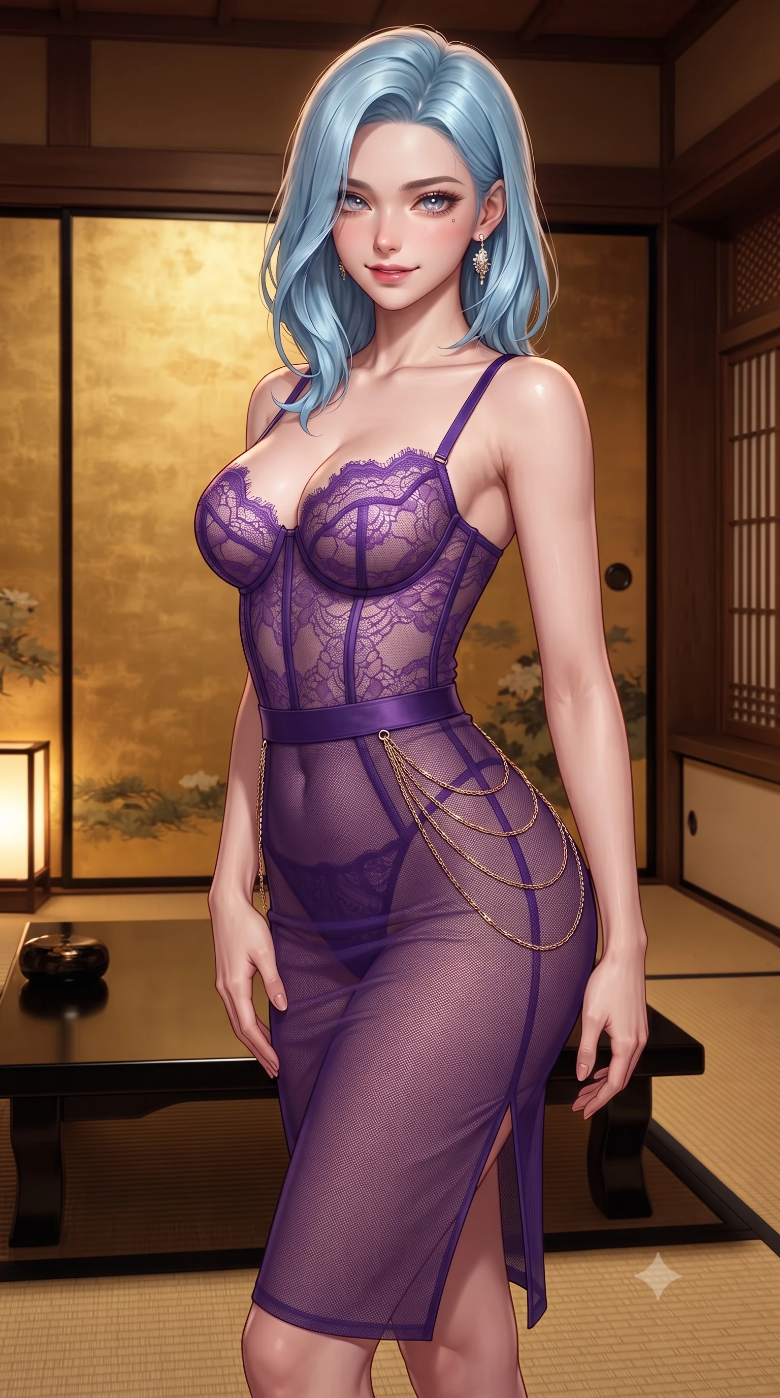 score_9, masterpiece, best quality, ultra-detailed, high-budget anime keyframe, editorial fashion photography, tasteful artistic composition, Korean woman. close-up cowboy shot from the waist and thighs up, the character dominates the composition, filling the frame with her large presence. tilting her head with a teasing half-smile, running one hand slowly down the side of her hip in a flirtatious S-curve as ambient light caresses her silhouette while twisting her slender torso in an alluring S-curve beside the gold-leaf painted fusuma sliding screen, warm lantern light tracing her dewy skin and curves. The surrounding environment is rendered in vivid detail and crisp panoramic clarity: sharp woven igusa tatami straw texture, black urushi lacquer table gloss, and fine wood latticework in deep focus. She has an exceptionally elegant, slender, and willowy female figure with an ultra-slim waist, flat toned midriff, narrow ribcage, and sculpted feminine hips creating an alluring, slim hourglass silhouette without bulk. sharp v-shaped jawline, high-bridge nose, intricate jewel-like sparkling eyes with depth, thick eyelashes, glossy parted lips with a natural peach sheen, bright cheerful beaming smile with an enchanting and coquettish sensual glint, exuding both youthful cute charm and seductive allure, flawlessly proportioned anatomical accuracy, strict slender model proportions, natural body alignment, perfectly sculpted long slender limbs, ultra-slim waistline, clean dynamic posture without body distortion. wearing a sculpted underwire corset in sheer stretch lace paired with a high-waisted sheer mesh pencil skirt with back slit in rich royal amethyst purple and gilded filigree, made of delicate semi-sheer French Chantilly lace with intricate eyelash edges, accented with an open-back drape framed by falling strands of delicate gold chains, the glove-like clinging cut tightly following the natural contour of her hips and long slender legs with youthful 8.5-heads elegance. illuminated by black lacquer reflection fill and sharp champagne-gold rim lights defining her dewy collarbones, ultra-slim waist, and curvy hips. ultra-reflective glossy finish, specular highlights, rich textural contrasts, high-contrast stereoscopic depth, volumetric dynamic lighting, 2k, ultra detail, master piece, 9:16 ratio