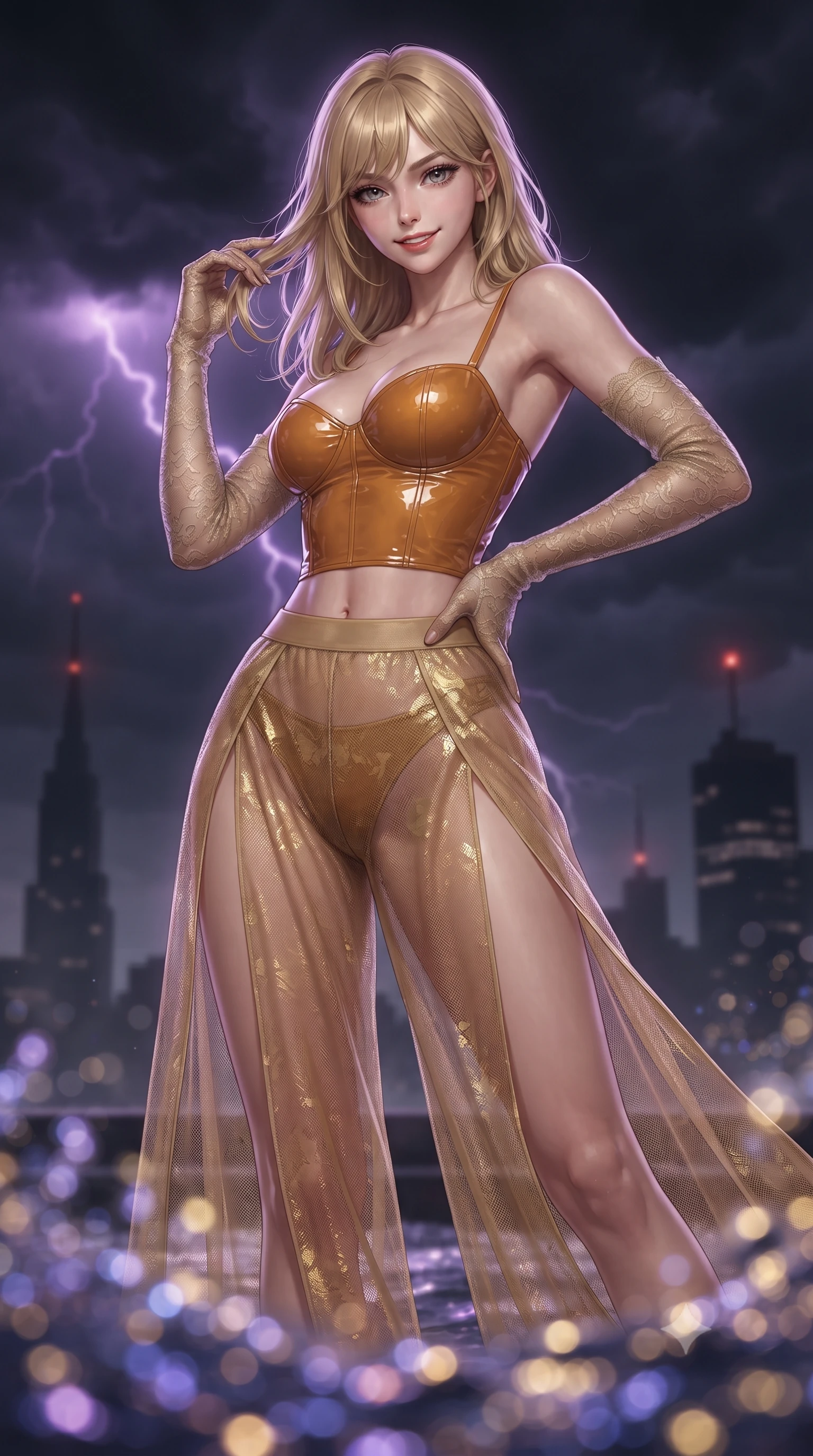 score_9, masterpiece, best quality, ultra-detailed, high-budget anime keyframe, editorial fashion photography, tasteful artistic composition, Japanese woman. close-up cowboy shot from the waist and thighs up, the character dominates the composition, filling the frame with her large presence. twisting her slender torso in an alluring contrapposto stance, one hand resting on her sculpted hip while her fingers toy with her hair with effortless poise while twisting her slender torso in an alluring S-curve, bubbling thermal water and storm lightning carving sharp highlights across her curves. The background shows a soft-focus swirling storm clouds illuminated by purple lightning, distant skyscraper spire warning beacons, and bubbling water blurred into violet, sapphire, and gold bokeh. She has an exceptionally elegant, slender, and willowy female figure with an ultra-slim waist, flat toned midriff, narrow ribcage, and sculpted feminine hips creating an alluring, slim hourglass silhouette without bulk. sharp v-shaped jawline, high-bridge nose, sparkling eyes with hypnotic seductive depth, thick curled eyelashes, glossy parted lips with a natural dewy peach sheen, alluring bedroom-eyes with an enchanting coquettish smile, exuding magnetic siren charisma and sophisticated glamour, flawlessly proportioned anatomical accuracy, strict slender model proportions, natural body alignment, perfectly sculpted long slender limbs, ultra-slim waistline, clean dynamic posture without body distortion. wearing a wet-look form-fitting vinyl bustier paired with sheer chiffon high-slit wide-leg trousers in warm amber honey and antique gold leaf, made of semi-opaque stretch illusion mesh with soft shadowy contours, complemented by sheer opera-length lace evening gloves tracing her slender arms, the second-skin tailored fabric adhering flawlessly to her sculpted flat midriff and slender torso, emphasizing her long leg lines and perfectly proportioned willowy build. illuminated by tub water caustics and sharp platinum-violet rim lights defining her delicate clavicles, ultra-slim waist, and curvy hips. ultra-reflective glossy finish, specular highlights, rich textural contrasts, high-contrast stereoscopic depth, volumetric dynamic lighting, 2k, ultra detail, master piece, 9:16 ratio