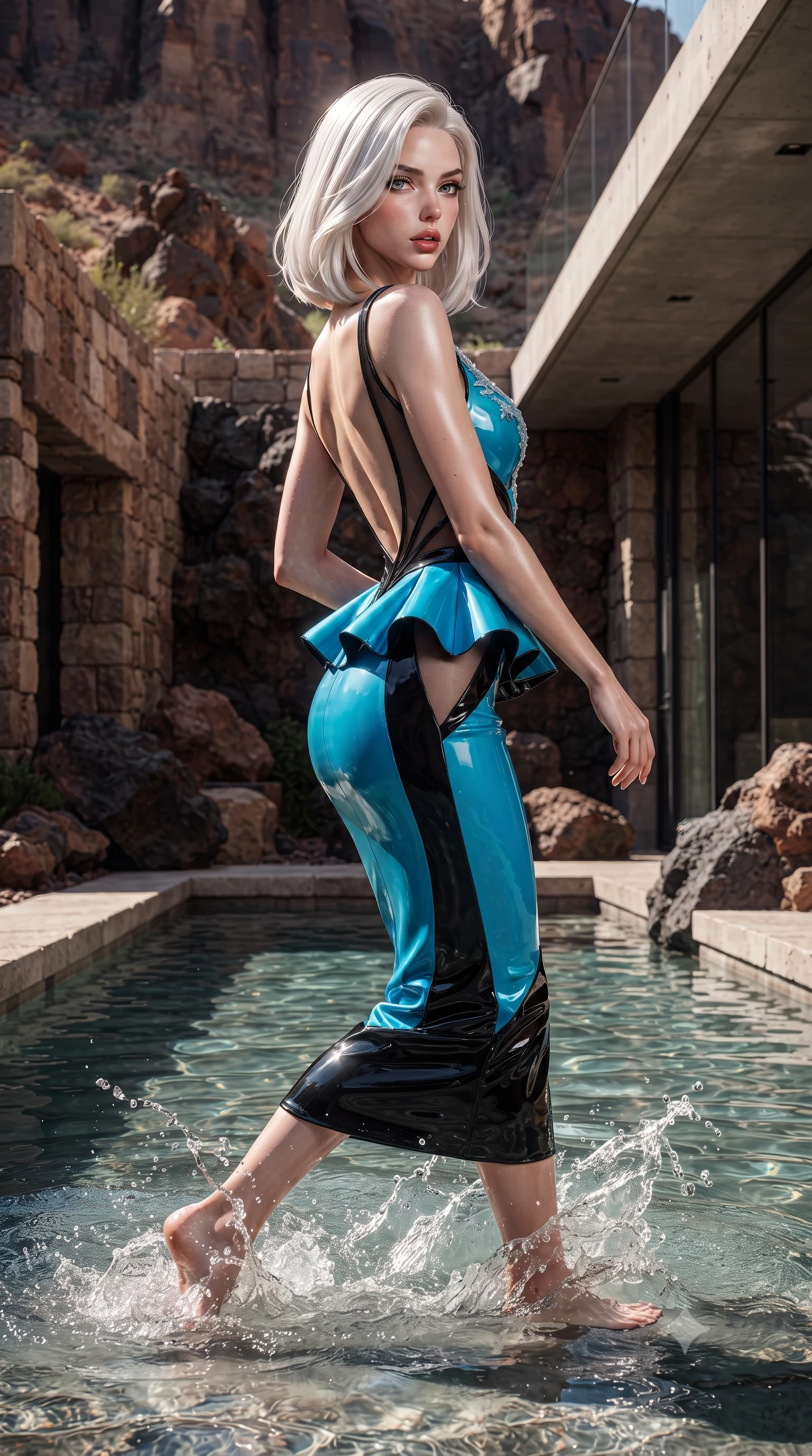 score_9, masterpiece, best quality, ultra-detailed, high-budget anime keyframe, editorial fashion photography, tasteful artistic composition, Caucasian woman. close-up cowboy shot from the waist and thighs up, the character dominates the composition, filling the frame with her large presence. twisting her slender torso in a deep contrapposto stance, hips dramatically shifted to accentuate her feminine curves while looking past her shoulder with smoldering bedroom-eyes while wading lightly into the shallow thermal mineral pool, water splashing around her slender ankles as she turns in an alluring dancer S-curve. The surrounding environment is rendered in vivid detail and crisp panoramic clarity. rich high-contrast desert vortex chiaroscuro and ultra-luxury Southwestern sanctuary aesthetics in precision. She has an exceptionally elegant, slender, and willowy female figure with an ultra-slim waist, flat toned midriff, narrow ribcage, and sculpted feminine hips creating an alluring, slim hourglass silhouette without bulk. sharp v-shaped jawline, high-bridge nose, intricate jewel-like eyes with depth, thick eyelashes, glossy parted lips with a natural sheen, intensely captivating and seductive bedroom-eyes expression, flawlessly proportioned anatomical accuracy, strict slender model proportions, natural body alignment, perfectly sculpted long slender limbs, ultra-slim waistline, clean dynamic posture without body distortion. wearing a structural geometric peplum gown with sheer side-ribbon cutouts and form-fitting skirt in electric cyan and high-gloss lacquer black, made of fluid silk crepe with delicate inner corsetry boning, finished with delicate crystal frost embroidery tracing the plunging neckline, the dramatically scooped open back descending to the base of her spine, accentuating her razor-sharp statuesque lines and slim hourglass silhouette. surrounded by an earthy, sacred, and deeply sensual desert goddess aura. ultra-reflective glossy finish, specular highlights, rich textural contrasts, high-contrast stereoscopic depth, volumetric dynamic lighting, 2k, ultra detail, master piece, 9:16 ratio