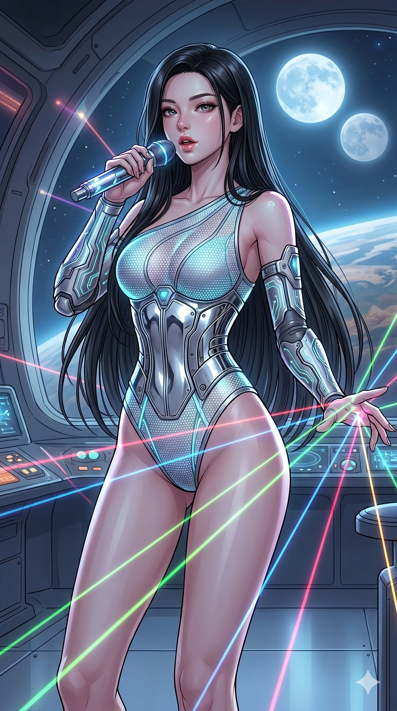 score_9, masterpiece, best quality, ultra-detailed, high-budget anime movie keyframe, cinematic anime lighting, intricate line art, Japanese woman. Medium shot of upper body capturing the intricate details of her high-fashion attire. singing on a laser stage in a futuristic orbital station under a twin-moon sky. She has an absolutely perfect 8-heads proportion, an exceptionally tall and slender female figure with an ultra-slim waist and impossibly long slender legs. sharp v-shaped jawline, high-bridge nose, intricate jewel-like eyes, thick eyelashes, glossy lips. Wearing asymmetrical high-cut tech-bodysuit with detached glowing sleeves, chrome-plated mechanical corset, and bioluminescent mesh panels clinging to her slender figure. The scene is illuminated by dramatic atmospheric lighting and vibrant color palettes. , 2k, ultra detail, master piece, 9:16 ratio