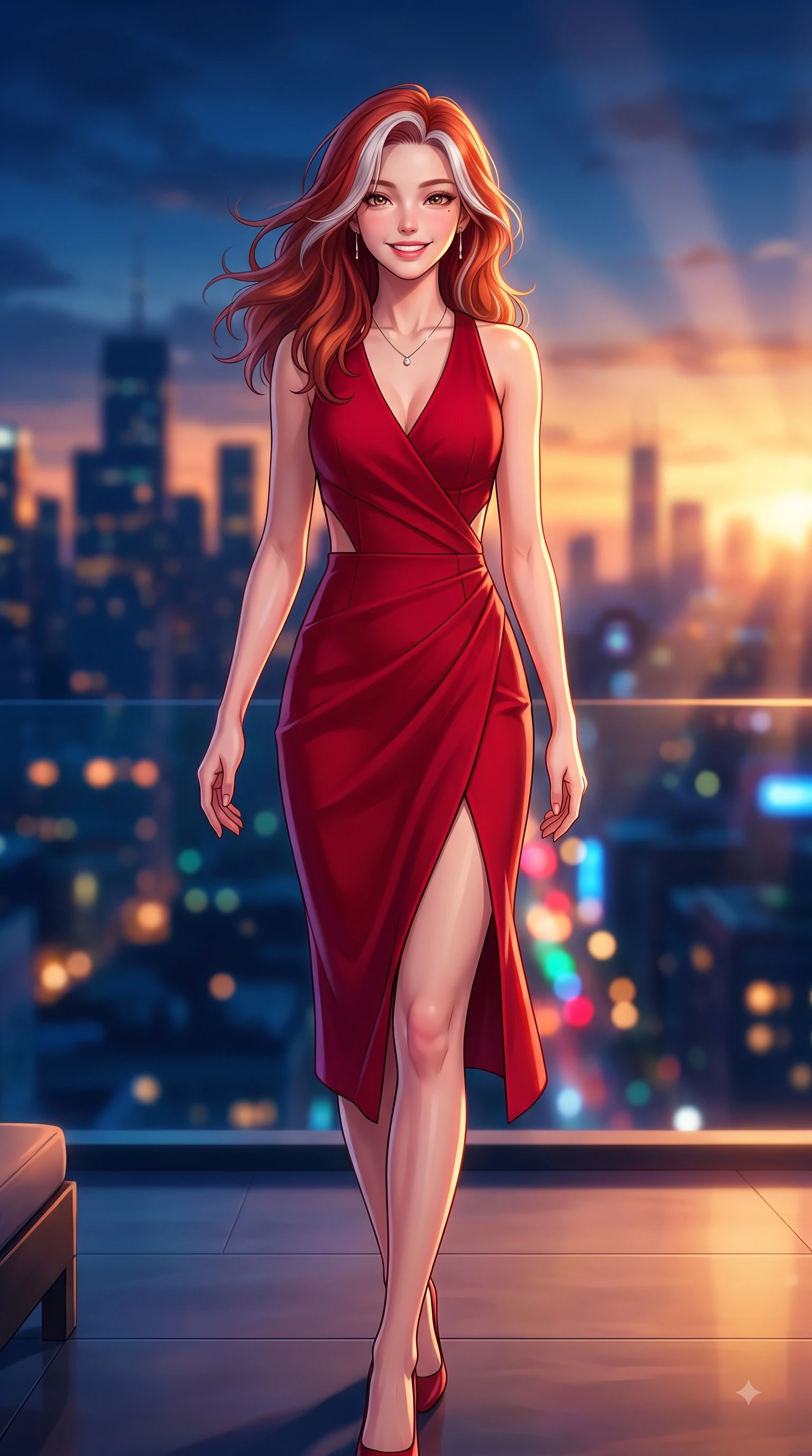 score_9, masterpiece, best quality, ultra-detailed, high-budget anime keyframe, editorial fashion photography, tasteful artistic composition, Caucasian woman. close-up cowboy shot from the waist and thighs up, the character dominates the composition, filling the frame with her large presence. Youthful cheerful smile exuding cute playful charm and radiant sparkle in her eyes while stepping gracefully onto an open-air rooftop lounge as golden sunset city lights twinkle. The composition keeps background elements in soft focus with dreamy bokeh. metropolitan skyline silhouettes blurred into a dramatic evening backdrop. She has an exceptionally elegant, slender, and willowy female figure with an ultra-slim waist, a gracefully sculpted slender torso, and a refined silhouette. sharp v-shaped jawline, high-bridge nose, intricate jewel-like eyes with depth, thick eyelashes, glossy lips with a natural sheen, flawlessly proportioned anatomical accuracy, natural body alignment, perfectly sculpted elegant limbs, clean dynamic posture without body distortion. wearing a sleek ruby red wrap midi dress featuring a tasteful side leg slit in royal navy blue and pure ivory, tailored from structured wool crepe with clean lines, complemented by clean architectural seams and subtle cutouts, the sleek second-skin fit accentuating her magnetic presence. bathed in dramatic golden hour sunset glow and vibrant urban night lights. highly saturated vibrant anime colors, detailed shading with soft gradients, rich glossy textures, high-contrast stereoscopic depth, volumetric dynamic lighting, master piece, 9:16 ratio