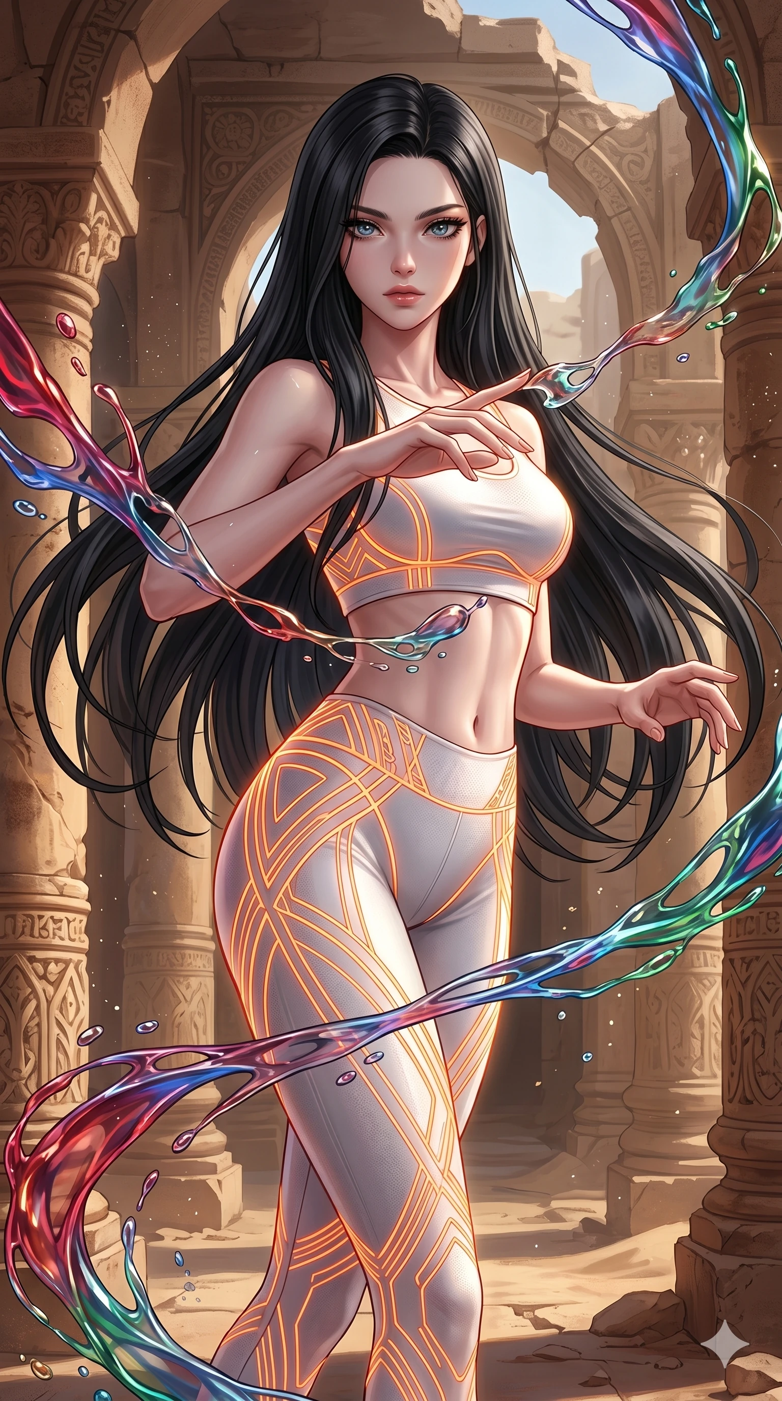 score_9, masterpiece, best quality, ultra-detailed, high-budget anime keyframe, Korean woman. upper body close-up from the thighs up, character filling the screen for maximum presence. interacting with liquid stained-glass that melts and swirls in mid-air inside a crumbling desert ruin, the fluid jewelry floating in suspension. She has an absolutely perfect 8-heads proportion, an exceptionally tall and slender female figure with impossibly long slender legs and an ultra-slim waist. V-shaped jawline, high-bridge nose, intricate jewel-like eyes with depth, thick eyelashes, glossy lips with a natural sheen.. wearing a neon filament athleisure set, featuring a tight white crop top and matching leggings woven with glowing orange neon filaments, highlighting her slender body contour. lit by a soft glowing ambient light and a sharp side key light that traces the sleek contours of her athletic build. 2k, ultra detail, master piece, 9:16 ratio