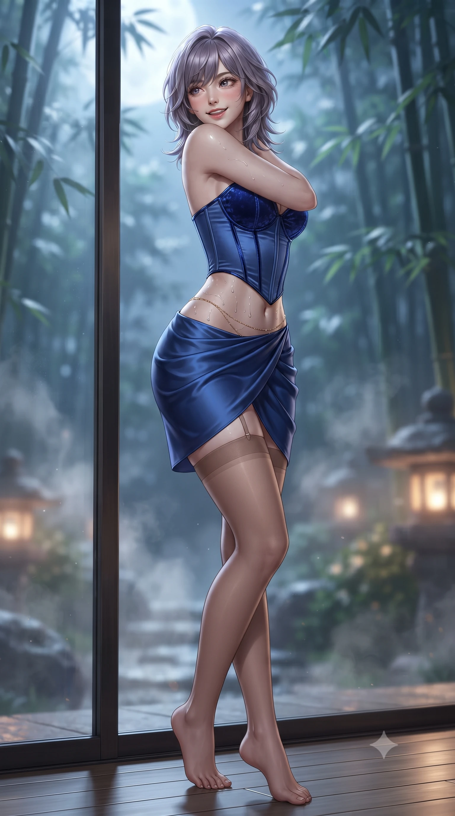 score_9, masterpiece, best quality, ultra-detailed, high-budget anime keyframe, editorial fashion photography, tasteful artistic composition, Japanese woman. low angle full-body shot from head to toe showing her feet, filling the entire 9:16 vertical frame with her statuesque presence, stretching her vertical silhouette. posing in a classic haute-couture S-curve stance beside the floor-to-ceiling window, looking over a bare shoulder with magnetic presence while twisting her slender torso in an alluring S-curve, glistening hot spring droplets and silver moonlight tracing her flat midriff and hips. The background shows a soft-focus towering moonlit bamboo groves, rising thermal steam clouds, and stone garden lanterns blurred into jade, silver, and warm amber bokeh. She has an exceptionally tall and slender model-like 8.5-heads proportion, an ultra-slim waist, a flat toned midriff, narrow delicate ribcage, and beautifully sculpted feminine hips creating a graceful, slim hourglass silhouette without any bulky heaviness, with impossibly long slender legs. sharp v-shaped jawline, high-bridge nose, intricate jewel-like sparkling eyes with depth, thick eyelashes, glossy parted lips with a natural peach sheen, bright cheerful beaming smile with an enchanting and coquettish sensual glint, exuding both youthful cute charm and seductive allure, flawlessly proportioned anatomical accuracy, strict slender model proportions, natural body alignment, perfectly sculpted long slender limbs, ultra-slim waistline, clean dynamic posture without body distortion. wearing a structured boned satin corset bodice with crushed velvet piping paired with a draped tulip mini skirt and sheer thigh-highs in Burj Arabian royal sapphire blue and molten gold, crafted from fluid liquid silk satin that clings smoothly to her narrow waist and rounded hips with a dewy sheen, accented with a dainty gold belly chain resting across her flat midriff and curving hips, the high-slit wrap tailoring accentuating her ultra-slim waistline and the enchanting curve of her feminine hips with alluring seductive charm. bathed in mystical cool silver moonlight filtering through swaying bamboo leaves combined with warm 2700K stone lantern glow. ultra-reflective glossy finish, specular highlights, rich textural contrasts, high-contrast stereoscopic depth, volumetric dynamic lighting, 2k, ultra detail, master piece, 9:16 ratio