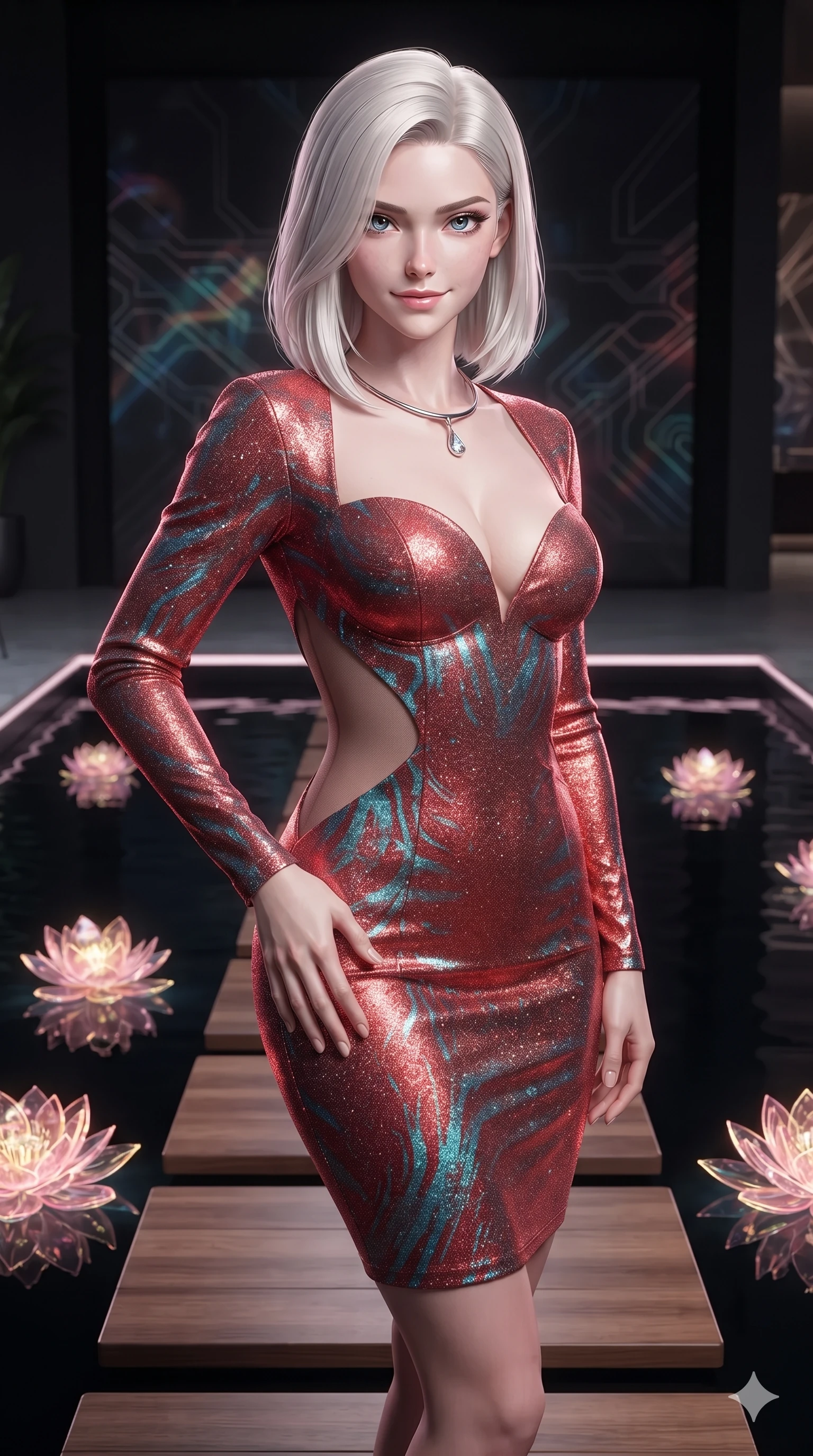 score_9, masterpiece, best quality, ultra-detailed, high-budget anime keyframe, editorial fashion photography, tasteful artistic composition, Caucasian woman. close-up cowboy shot from the waist and thighs up, the character dominates the composition, filling the frame with her large presence. tilting her head with a teasing half-smile, running one hand slowly down the side of her hip in a flirtatious S-curve as ambient light caresses her silhouette while standing poised on the teak stepping stones across the black infinity reflecting pool, arching her lower back with magnetic siren charisma as floating holographic lotuses pulse in pink and gold. The surrounding environment is rendered in vivid detail and crisp panoramic clarity: detailed garment textures, second-skin fit, and world-class penthouse terrace architecture in high resolution. She has an exceptionally elegant, slender, and willowy female figure with an ultra-slim waist, flat toned midriff, narrow ribcage, and sculpted feminine hips creating an alluring, slim hourglass silhouette without bulk. sharp v-shaped jawline, high-bridge nose, intricate jewel-like sparkling eyes with depth, thick eyelashes, glossy parted lips with a natural peach sheen, bright cheerful beaming smile with an enchanting and coquettish sensual glint, exuding both youthful cute charm and seductive allure, flawlessly proportioned anatomical accuracy, strict slender model proportions, natural body alignment, perfectly sculpted long slender limbs, ultra-slim waistline, clean dynamic posture without body distortion. wearing an alluring plunging sweetheart bodice dress with sheer mesh side-waist cutouts contouring her ribs in cyber-shinto vermilion and laser turquoise, woven from stretch metallic lurex jersey casting radiant starlight glints across her curves, finished with a minimalist chrome choker and a single teardrop diamond pendant, the glove-like clinging cut tightly following the natural contour of her hips and long slender legs with youthful 8.5-heads elegance. illuminated by water reflection bounce and sharp lotus-pink rim lights defining her jawline, narrow waist, and curvy hips. ultra-reflective glossy finish, specular highlights, rich textural contrasts, high-contrast stereoscopic depth, volumetric dynamic lighting, 2k, ultra detail, master piece, 9:16 ratio