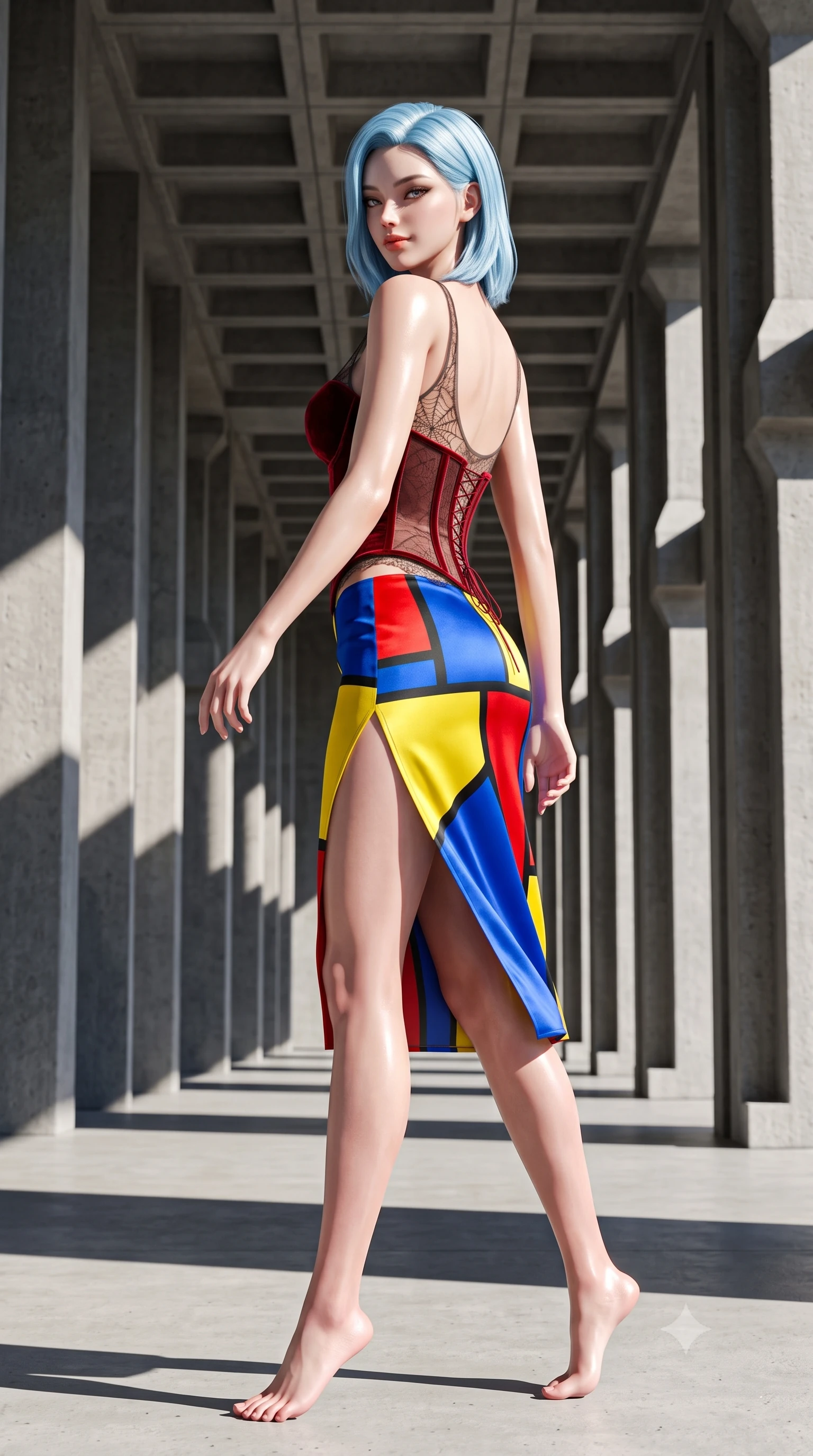 score_9, masterpiece, best quality, ultra-detailed, high-budget anime keyframe, semi-realistic 3D game render, editorial fashion photography, tasteful artistic composition, Korean woman. low angle full-body shot from head to toe showing her feet, filling the entire 9:16 vertical frame with her statuesque presence, stretching her vertical silhouette. walking along the terrace with poise, looking back over her bare shoulder with an irresistible smoldering bedroom-gaze while walking slowly down the grand concrete colonnade, hips swaying in an alluring kinetic rhythm that commands the sculptural perspective. The surrounding environment is rendered in vivid detail and crisp panoramic clarity: detailed second-skin stretch knit cling, glossy lip sheen, and sculptural brutalist architecture in razor-sharp precision. She has an absolutely perfect, statuesque 8.5-heads proportion, an exceptionally tall and slender model-like female figure with impossibly long slender legs, an ultra-slim waist, a flat toned midriff, narrow delicate ribcage, and beautifully sculpted feminine hips creating a graceful, slim hourglass silhouette without any bulky heaviness. sharp v-shaped jawline, high-bridge nose, sparkling eyes with hypnotic seductive depth, thick curled eyelashes, glossy parted lips with a natural dewy peach sheen, alluring bedroom-eyes with an enchanting coquettish smile, exuding magnetic siren charisma and sophisticated glamour, flawlessly proportioned anatomical accuracy, strict slender model proportions, natural body alignment, perfectly sculpted long slender limbs, ultra-slim waistline, clean dynamic posture without body distortion. wearing a plunging sweetheart-neckline boned velvet underbust corset over a sheer spiderweb lace camisole and high-slit satin skirt in Mondrian primary red, canary yellow, and electric cobalt blue, made of semi-opaque stretch illusion mesh with soft shadowy contours, finished with fine criss-cross lace-up side ties revealing tantalizing glimpses of her hip curve, the precision-cut side openings and low-back scoop framing her graceful spine and the sensual sweep of her slim, toned hips. bathed in intense high-noon sun creating stark, high-contrast black-and-white architectural chiaroscuro. highly saturated vibrant anime colors, detailed shading with soft gradients, rich glossy textures, high-contrast stereoscopic depth, volumetric dynamic lighting, master piece, 9:16 ratio