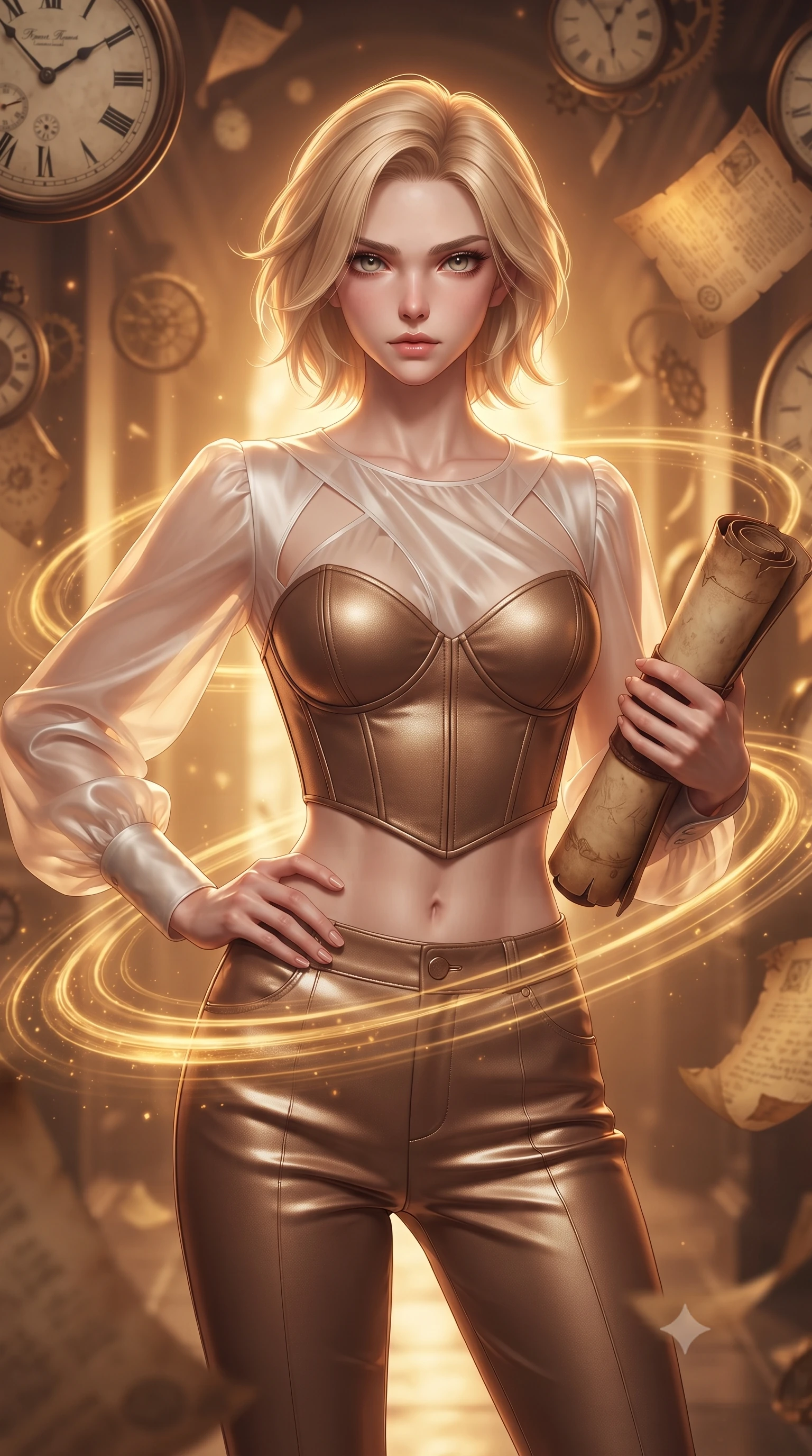 score_9, masterpiece, best quality, ultra-detailed, high-budget anime keyframe, editorial fashion photography, tasteful artistic composition, Caucasian woman. close-up cowboy shot from the waist and thighs up, the character dominates the composition, filling the frame with her large presence, background elements kept in soft focus. Holding a confident power pose with one hand on her hip, gazing directly into the camera with quiet intensity standing in a corridor where antique clock dials and historical parchments float in amber light, golden temporal energy rings swirling around her waist and arms. She has an exceptionally elegant, slender, and willowy female figure with an ultra-slim waist, a gracefully sculpted slender torso, and a refined silhouette. sharp v-shaped jawline, high-bridge nose, intricate jewel-like eyes with depth, thick eyelashes, glossy lips with a natural sheen. wearing a tailored leather bustier over a sheer silk chiffon blouse in pearl white and rose gold, crafted from lustrous satin jersey with fluid draping, featuring subtle geometric cutouts that highlight her ultra-slim midriff, the elegant draped fit framing her graceful clavicle and slender torso. bathed in rich amber temporal glow and warm golden backlighting. ultra-reflective glossy finish, specular highlights, metallic sheen, high-contrast stereoscopic depth, volumetric dynamic lighting, 2k, ultra detail, master piece, 9:16 ratio