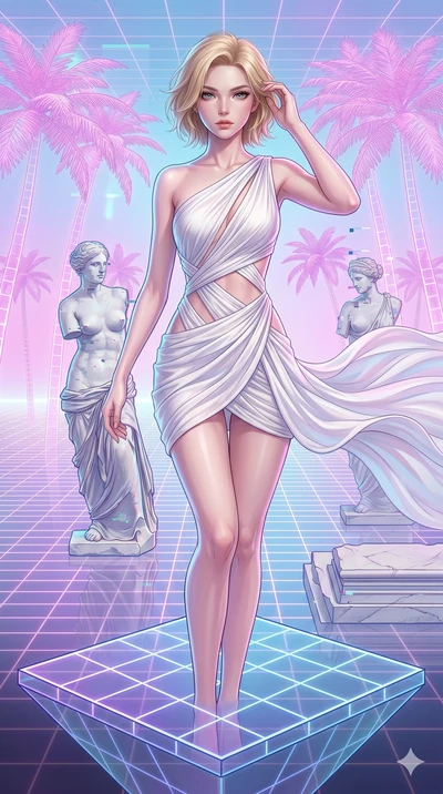 score_9, masterpiece, best quality, ultra-detailed, high-budget anime keyframe, Caucasian woman, strictly human ears. upper body close-up from the thighs up, character filling the screen for maximum presence. drifting through a holographic vaporwave 