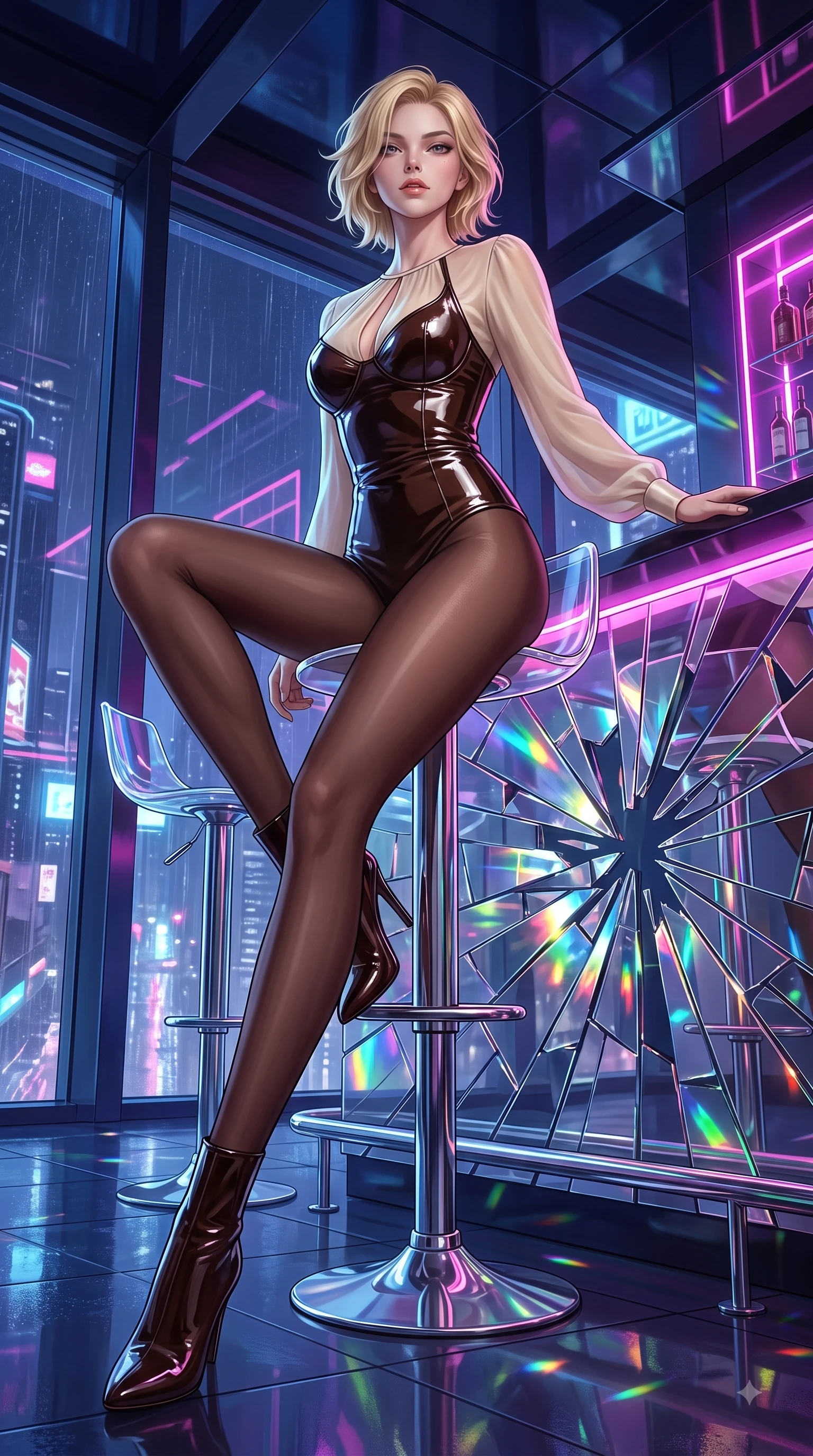 score_9, masterpiece, best quality, ultra-detailed, high-budget anime keyframe, editorial fashion photography, tasteful artistic composition, Caucasian woman. low angle full-body shot from head to toe showing her feet, filling the entire 9:16 vertical frame with her statuesque presence, stretching her vertical silhouette. forging dynamically through the scene with her long slender legs and ultra-slim waist creating a sweeping curve while perched on a sleek chrome barstool in a futuristic sky-lounge overlooking rain-slicked city streets, shattered mirror bar fragments scattering brilliant rainbow specular highlights. She has an absolutely perfect, statuesque 8.5-heads proportion, an exceptionally tall and slender model-like female figure with impossibly long slender legs and an ultra-slim waist. sharp v-shaped jawline, high-bridge nose, intricate jewel-like eyes with depth, thick eyelashes, glossy lips with a natural sheen, flawlessly proportioned anatomical accuracy, natural body alignment, perfectly sculpted elegant limbs, clean dynamic posture without body distortion. wearing a tailored leather bustier over a sheer silk chiffon blouse in espresso brown and warm cream, tailored from high-gloss patent leather, accented with a Tasteful chest slit framing her clavicle gracefully, the glove-like fit emphasizing her statuesque silhouette during motion. surrounded by a high-energy, seductive cyberpunk nightlife ambiance. ultra-reflective glossy finish, specular highlights, metallic sheen, high-contrast stereoscopic depth, volumetric dynamic lighting, 2k, ultra detail, master piece, 9:16 ratio