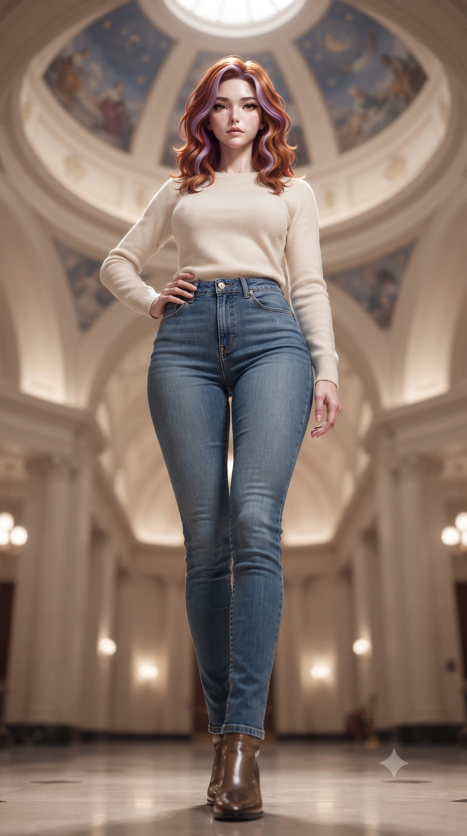 score_9, masterpiece, best quality, ultra-detailed, high-budget anime keyframe, editorial fashion photography, tasteful artistic composition, Caucasian woman. low angle full-body shot from head to toe showing her feet, filling the entire 9:16 vertical frame with her statuesque presence, stretching her vertical silhouette. posing confidently with one hand on her hip, stretching her statuesque body to emphasize her curves the background shows a soft-focus the high-ceiling dome corridor of an opera house with celestial paintings. She has an absolutely perfect, statuesque 8.5-heads proportion, an exceptionally tall and slender model-like female figure with impossibly long slender legs and an ultra-slim waist. sharp v-shaped jawline, high-bridge nose, intricate jewel-like eyes with depth, thick eyelashes, glossy lips with a natural sheen. wearing a slim-fit comfortable cream fleece sweater over blue denim jeans. soft uplighting casting a peaceful, grand glow over her silhouette. ultra-reflective glossy finish, specular highlights, metallic sheen, high-contrast stereoscopic depth, volumetric dynamic lighting, 2k, ultra detail, master piece, 9:16 ratio